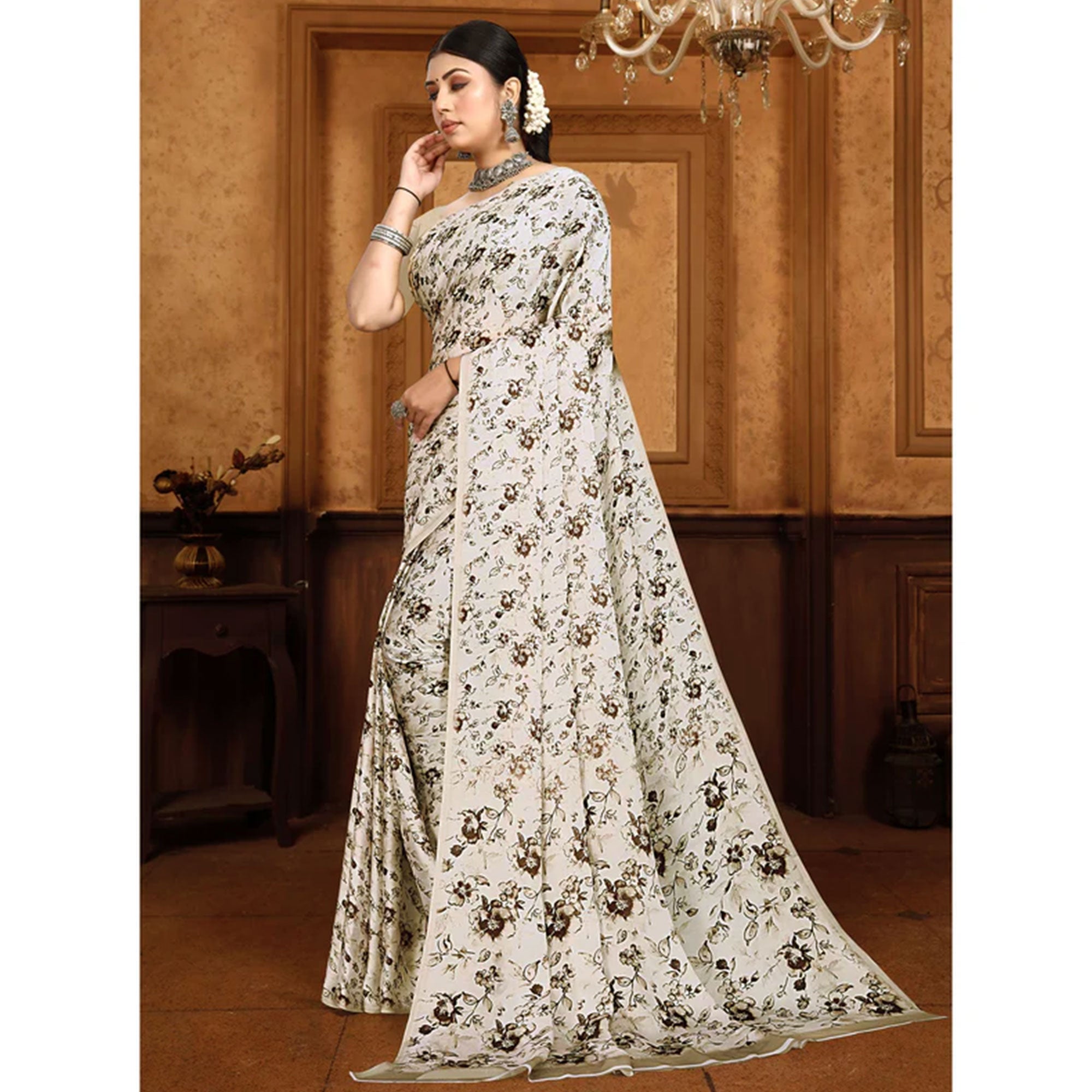 Offwhite Floral Digital Printed Georgette Saree