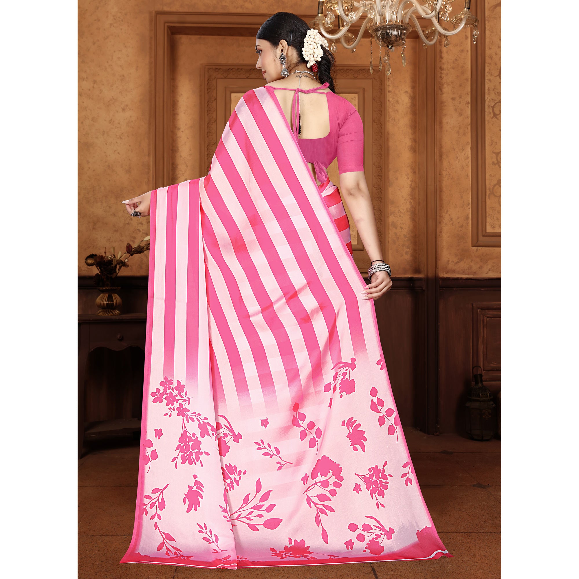 Pink Striped Digital Printed Georgette Saree