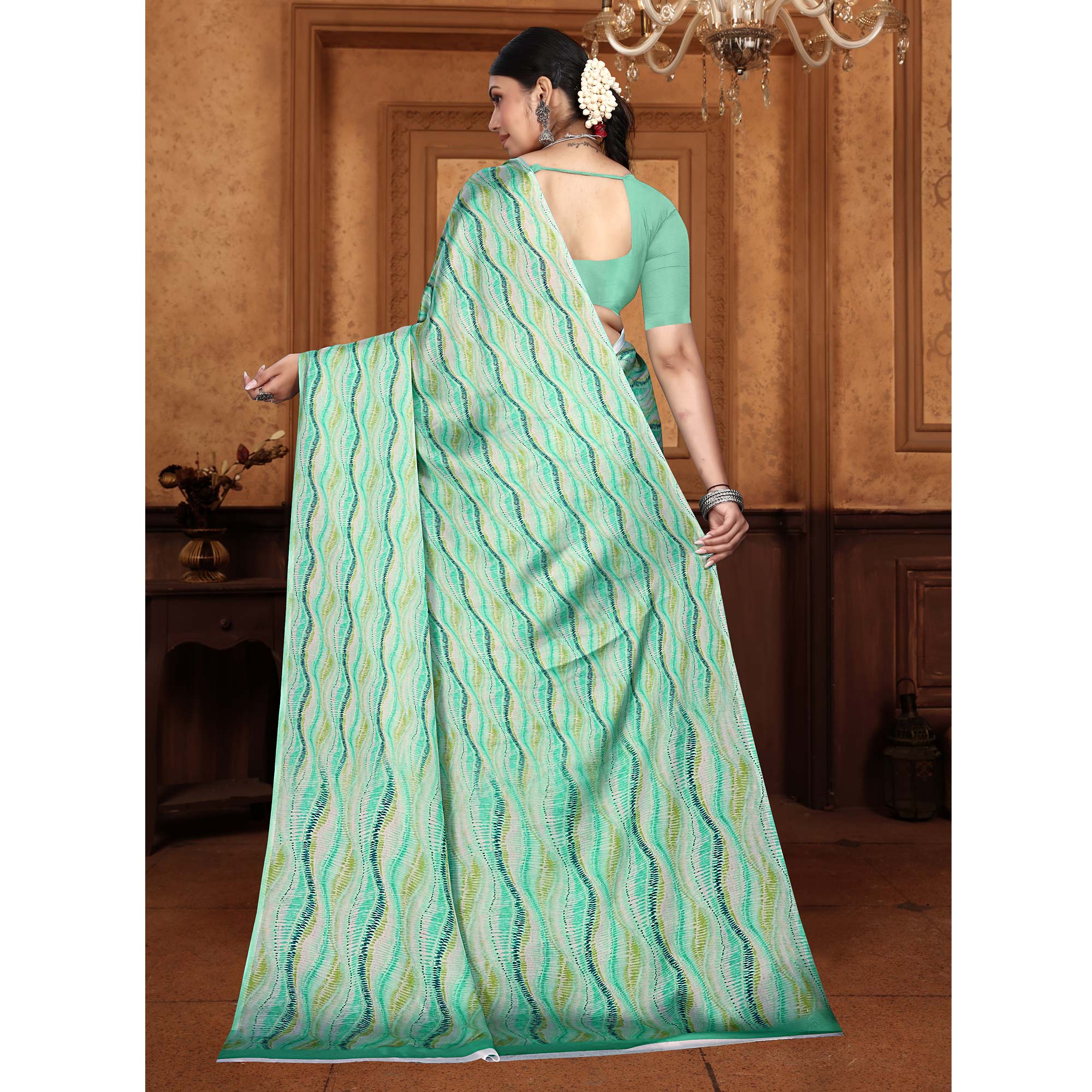 Green Zig Zag  Digital Printed Georgette Saree