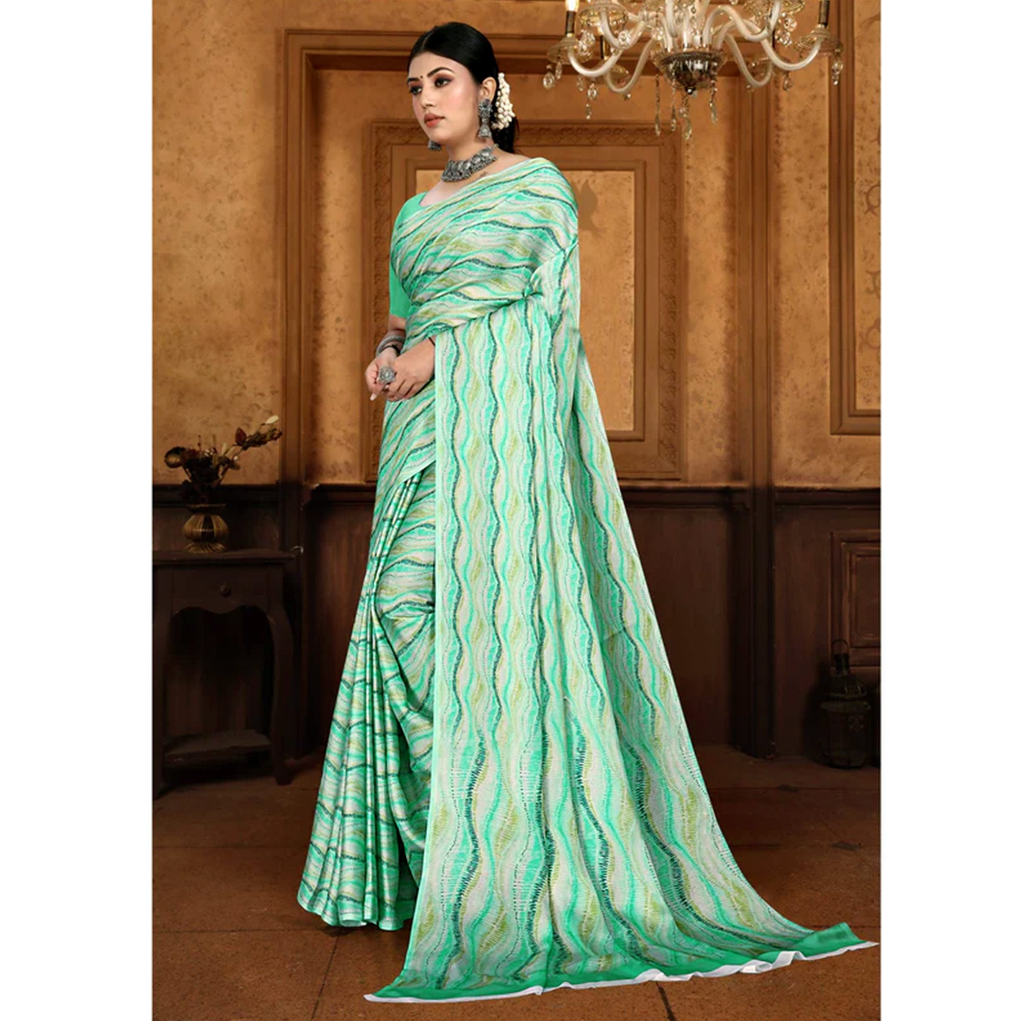 Green Zig Zag  Digital Printed Georgette Saree