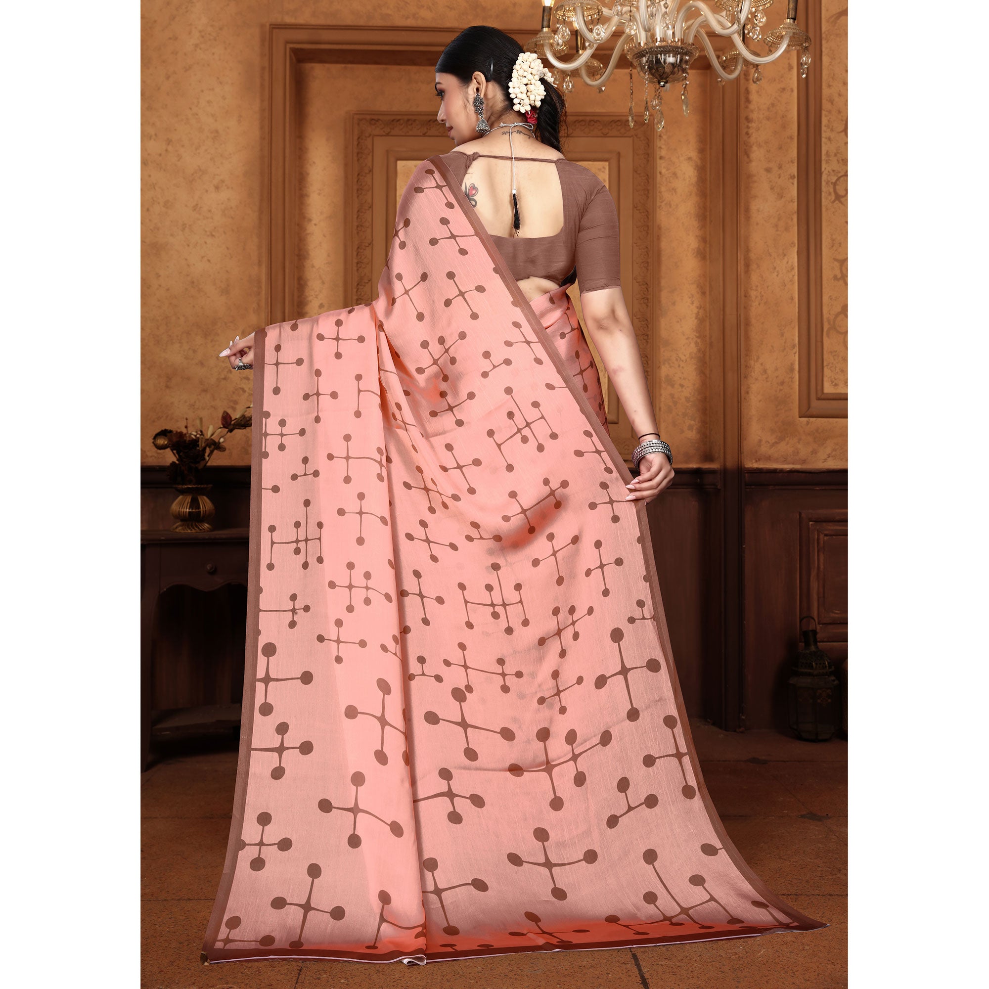 Peach Digital Printed Georgette Saree