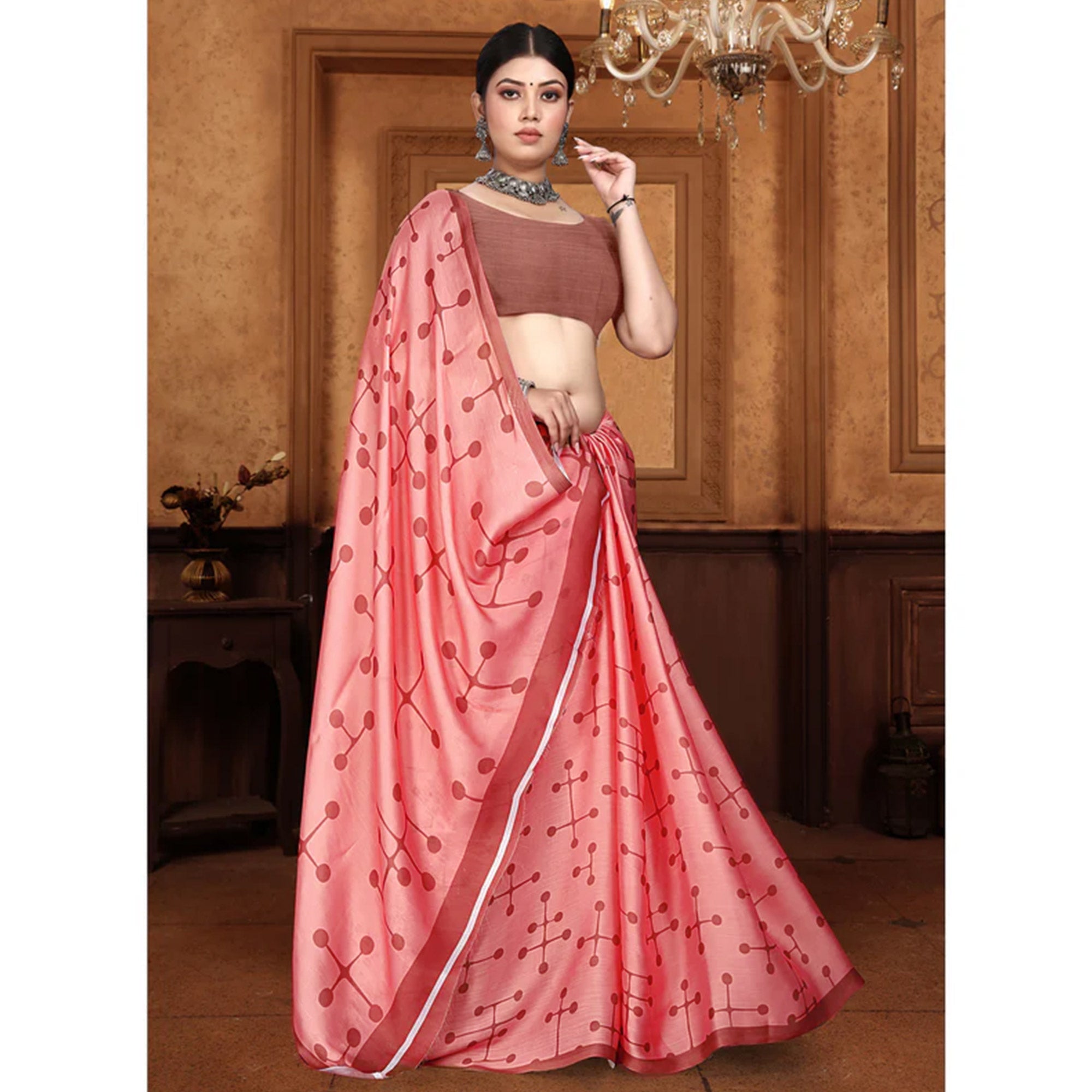 Peach Digital Printed Georgette Saree