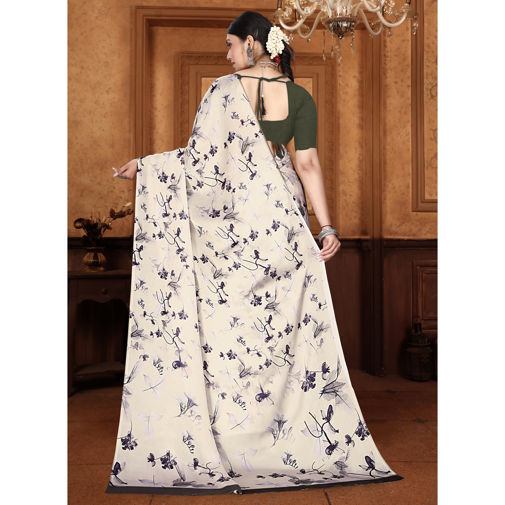 Offwhite Floral Digital Printed Georgette Saree