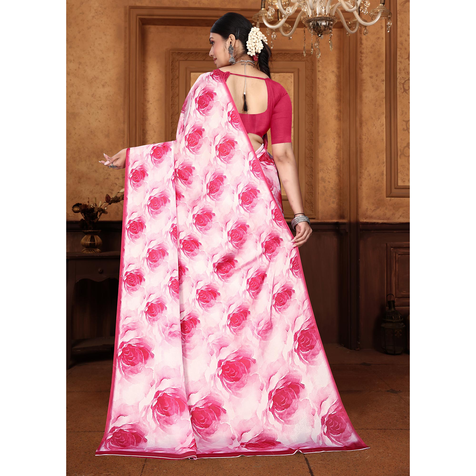 Pink Floral Digital Printed Georgette Saree