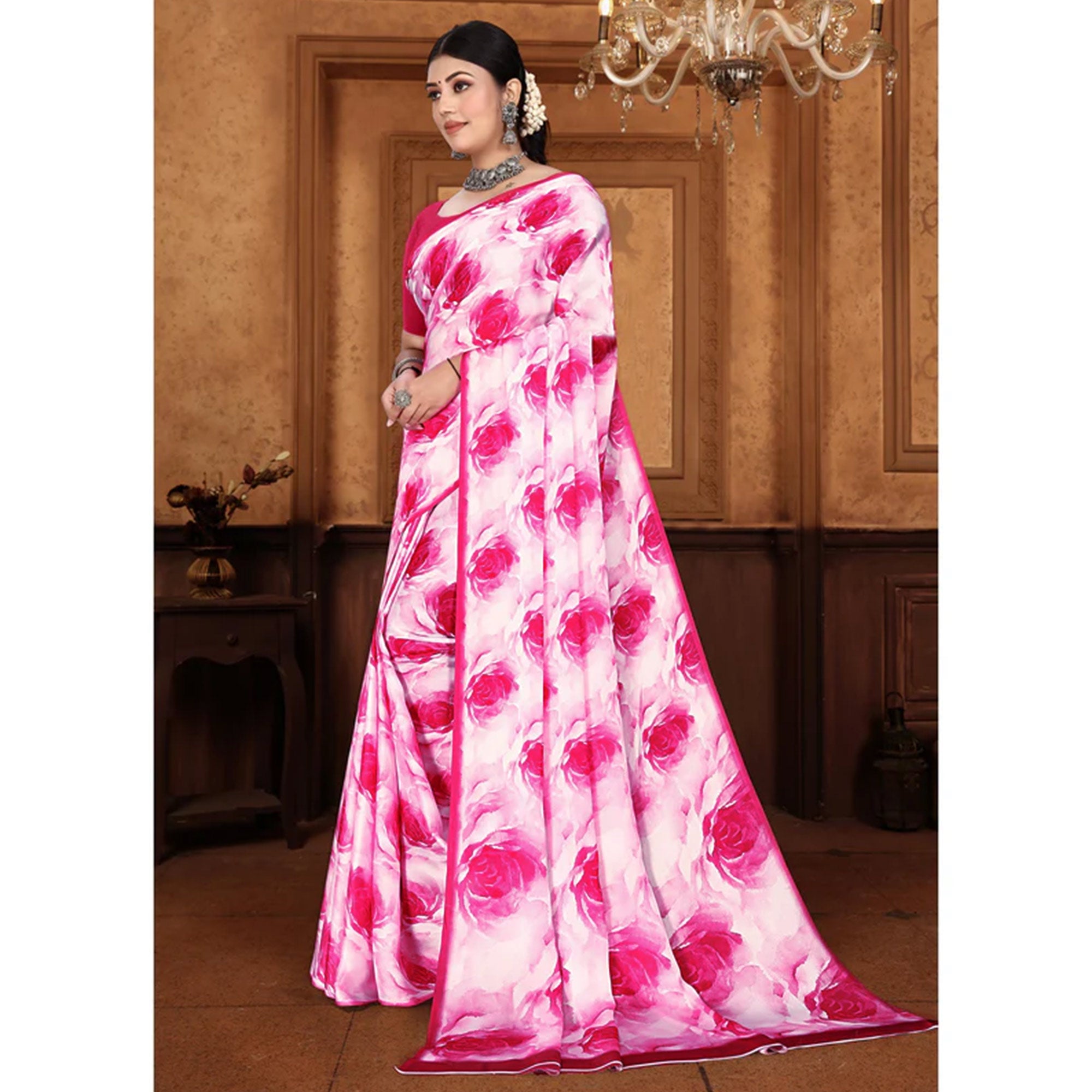Pink Floral Digital Printed Georgette Saree