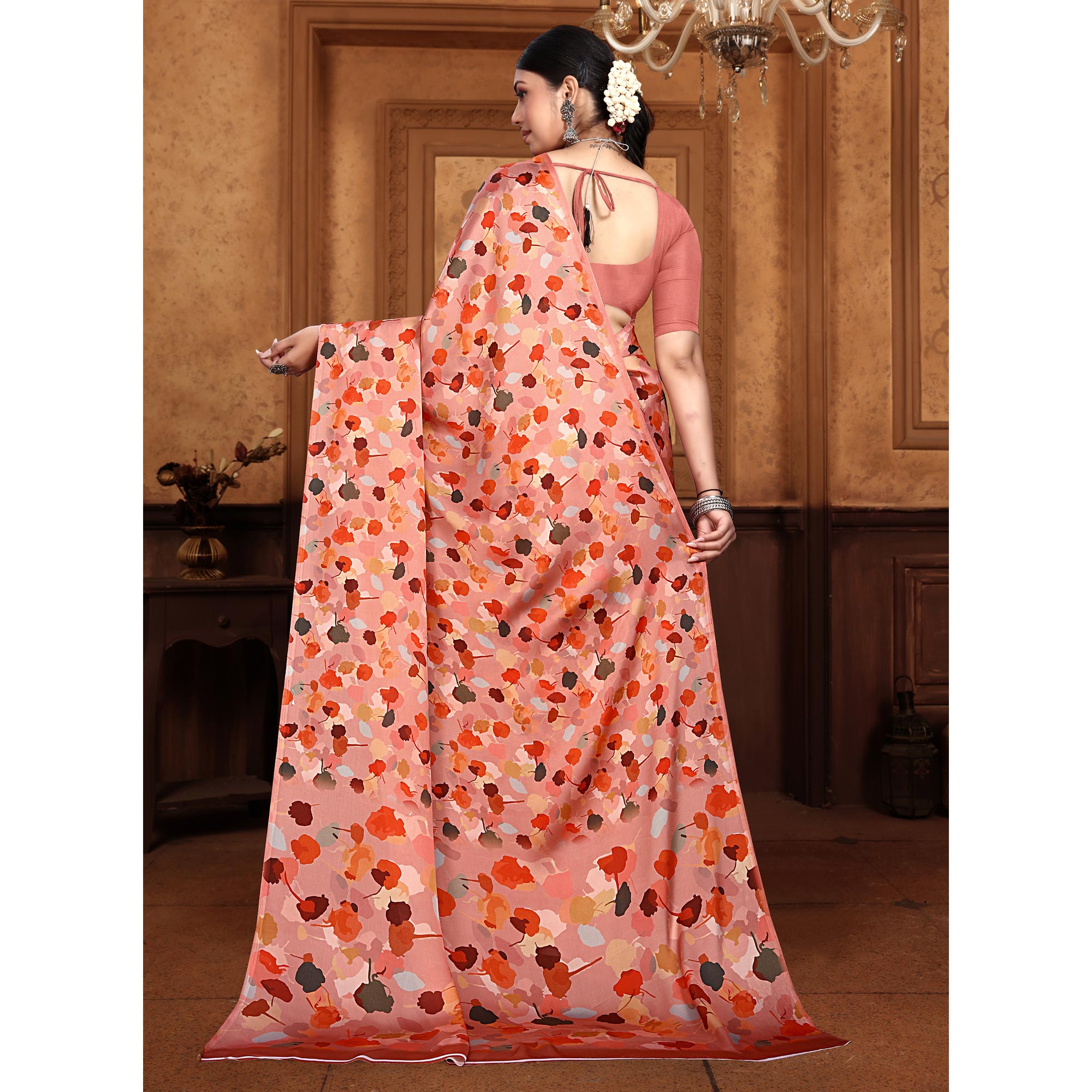 Peach Floral Digital Printed Georgette Saree