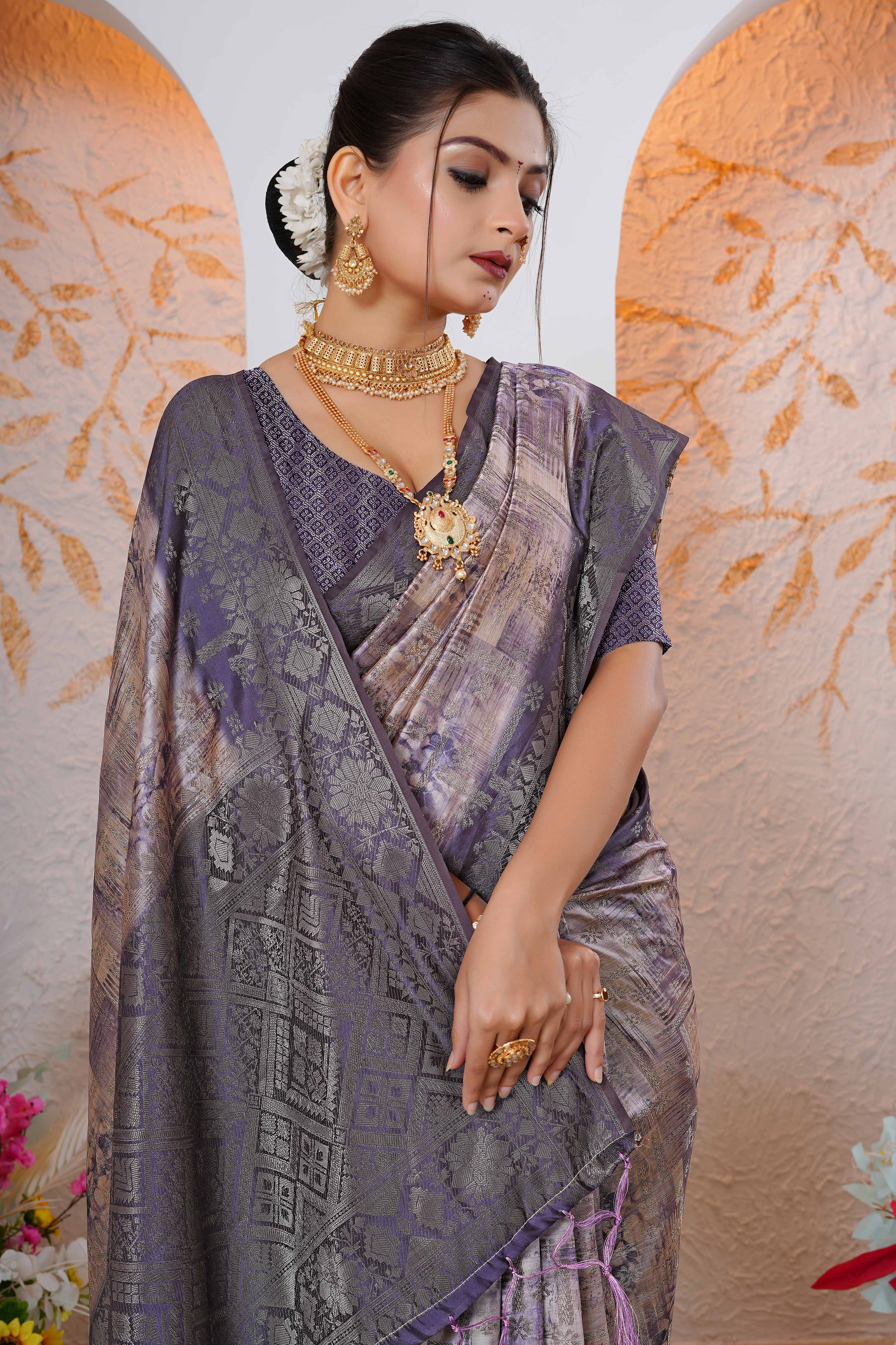 Premium Lavender Woven & Digitally Printed Silk Saree with Stylish Tassel Pallu