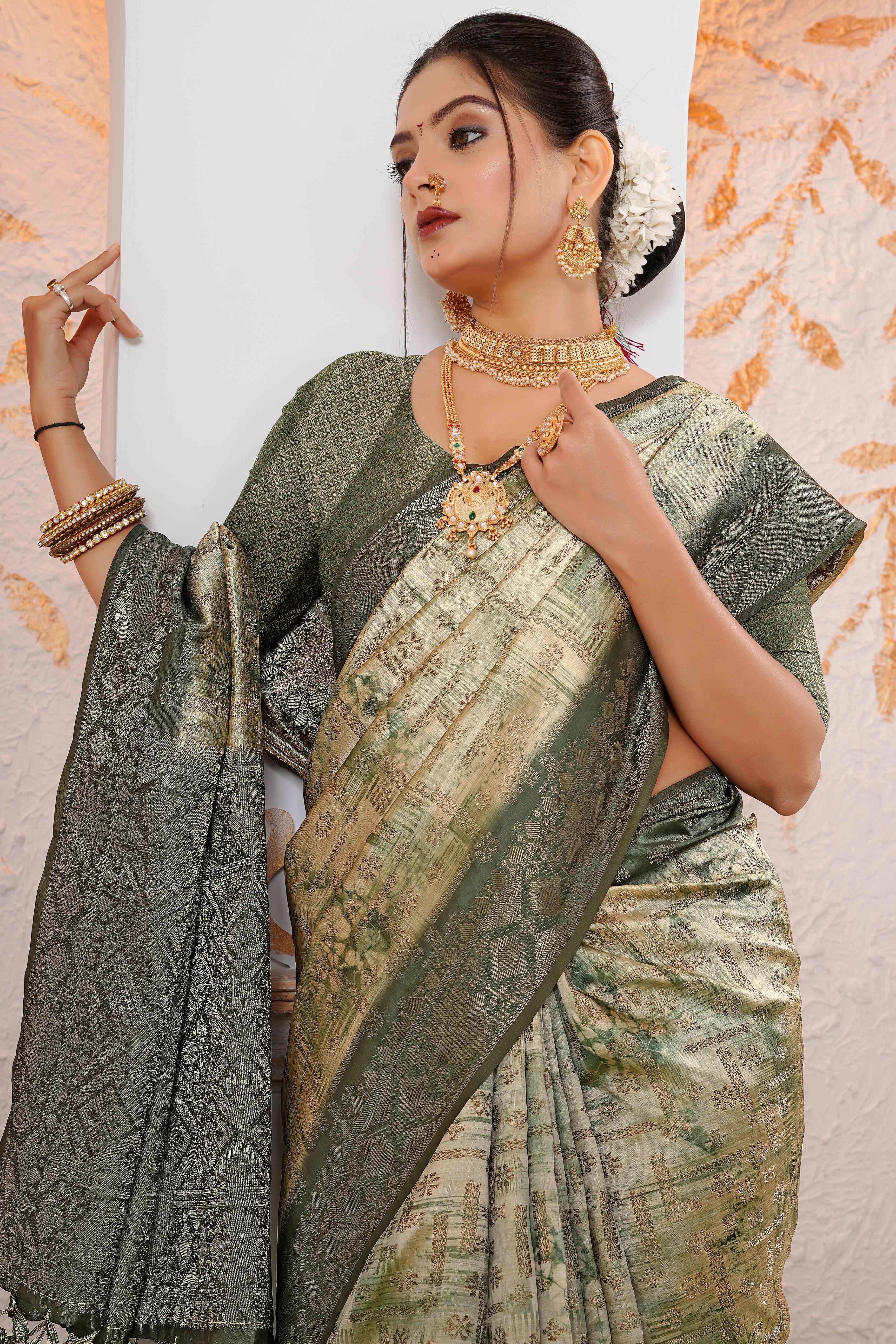 Premium Green Woven & Digitally Printed Silk Saree with Stylish Tassel Pallu