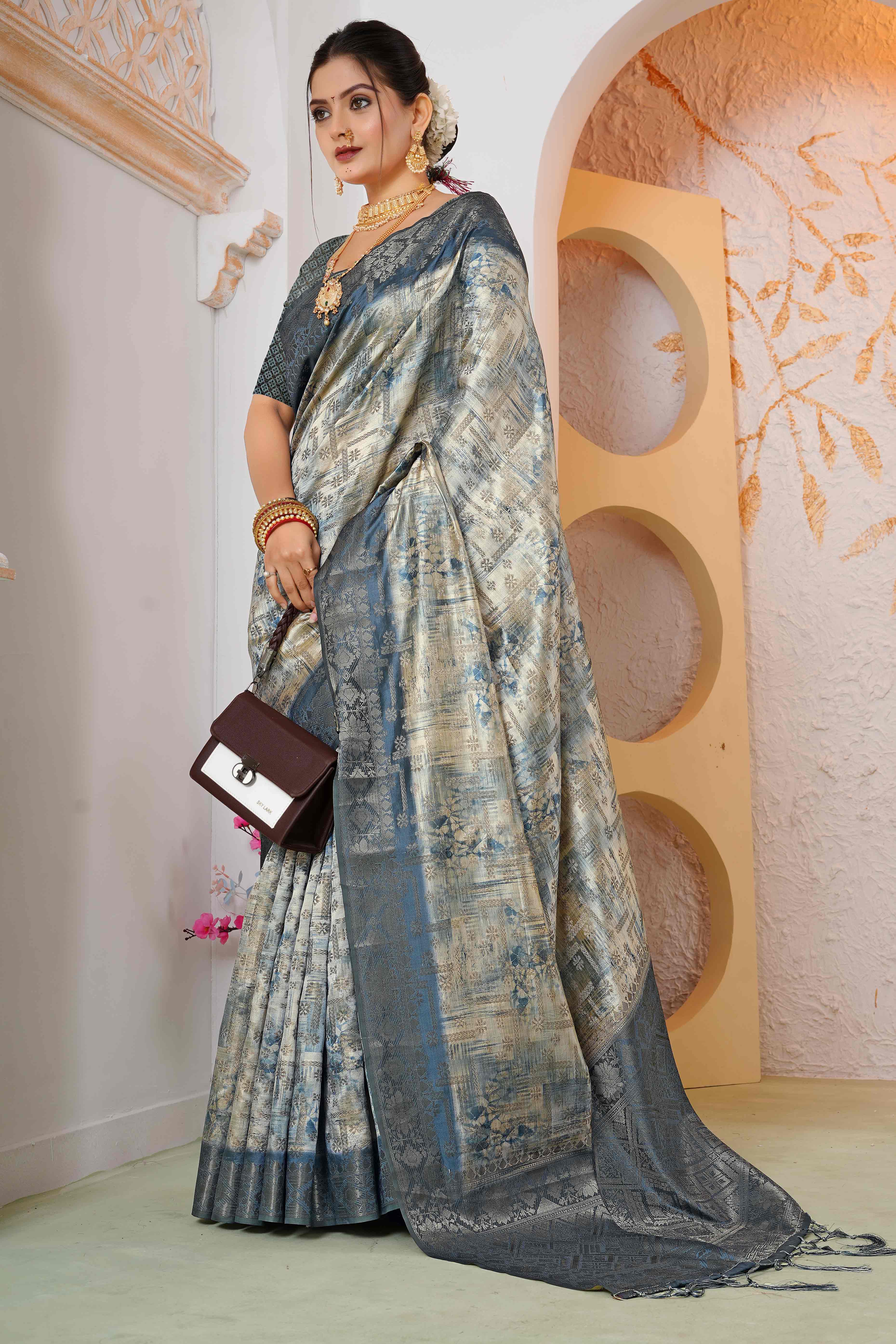 Premium Blue Woven & Digitally Printed Silk Saree with Stylish Tassel Pallu