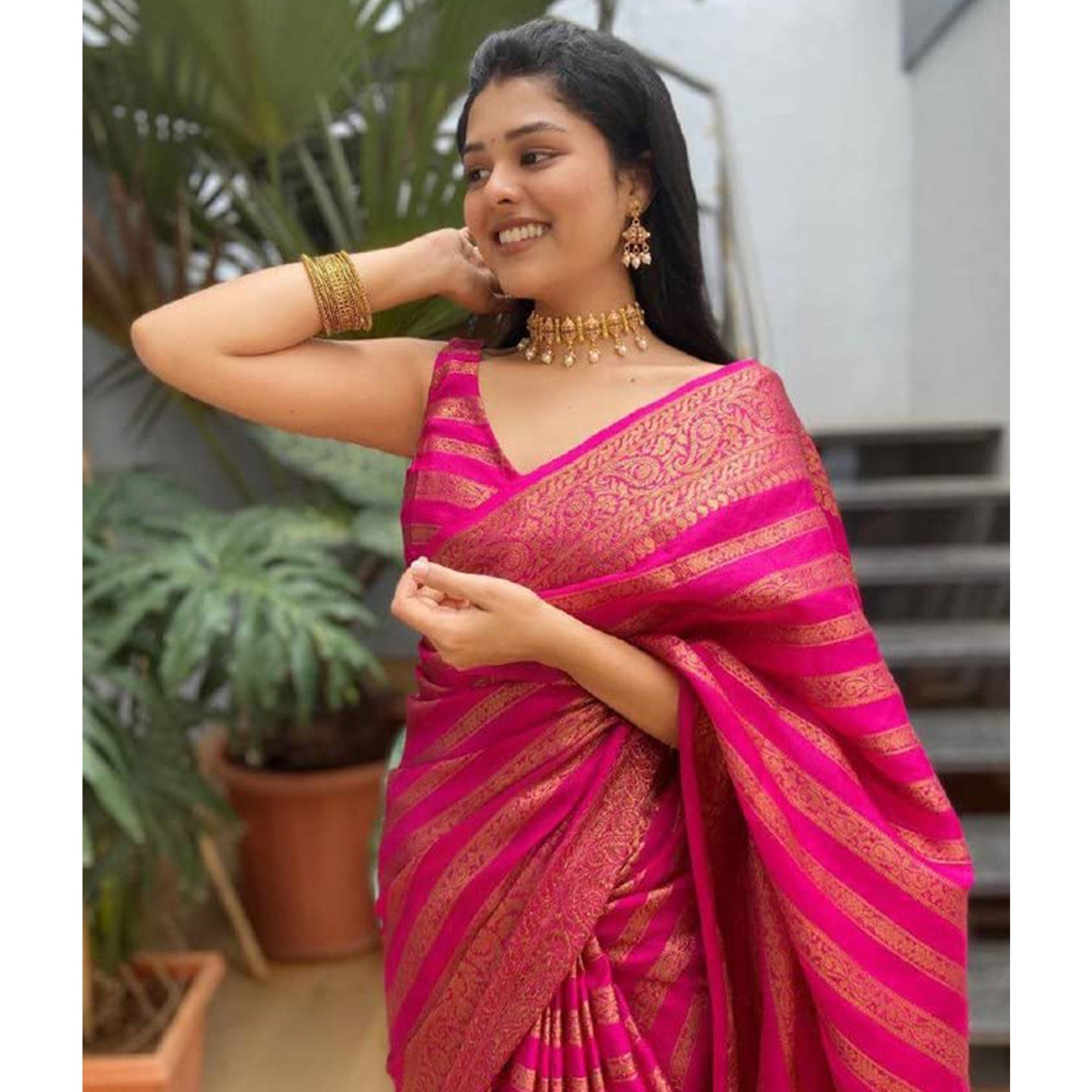 Pink Woven Banarasi Silk Saree with Tassels