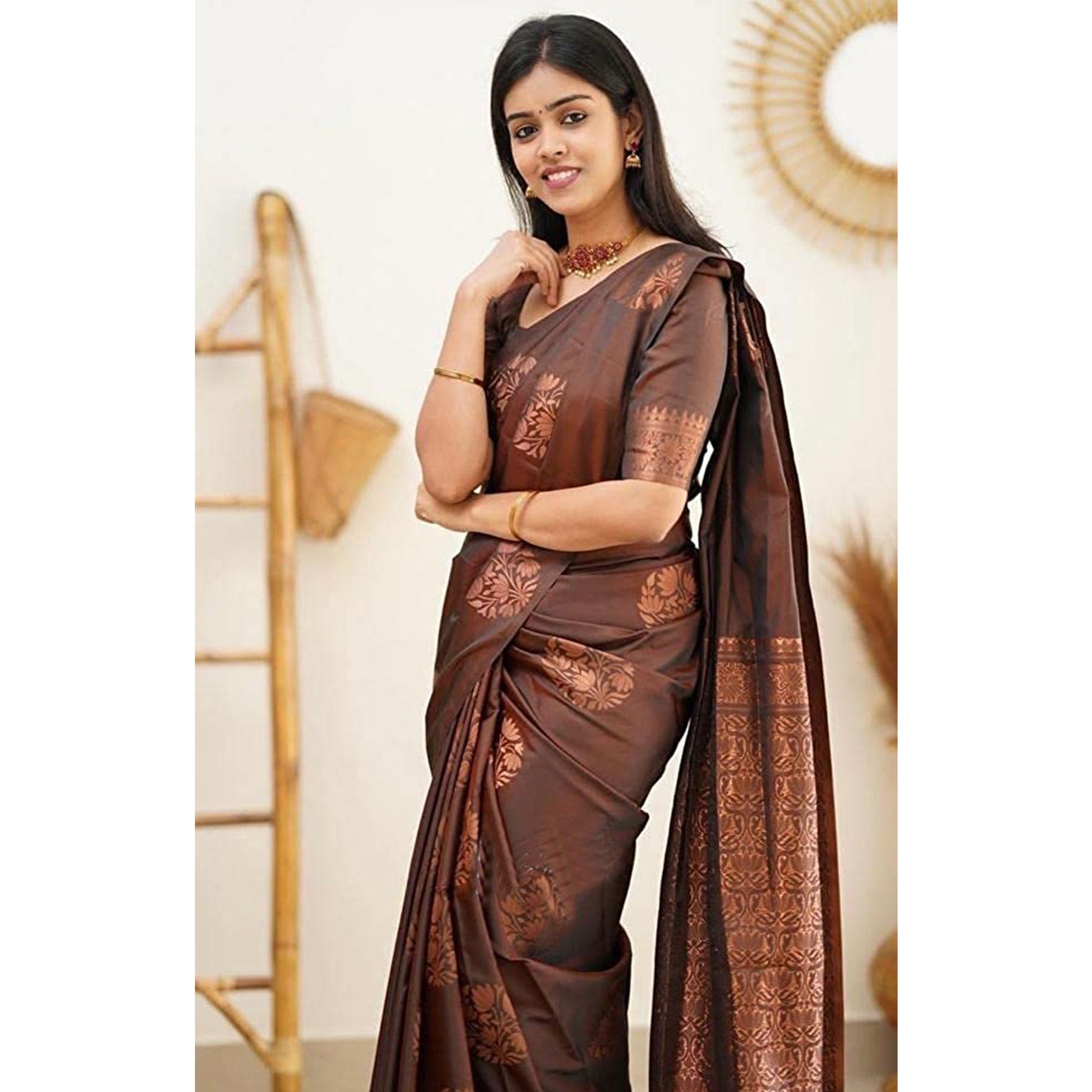 Brown Floral Woven Banarasi Silk Saree