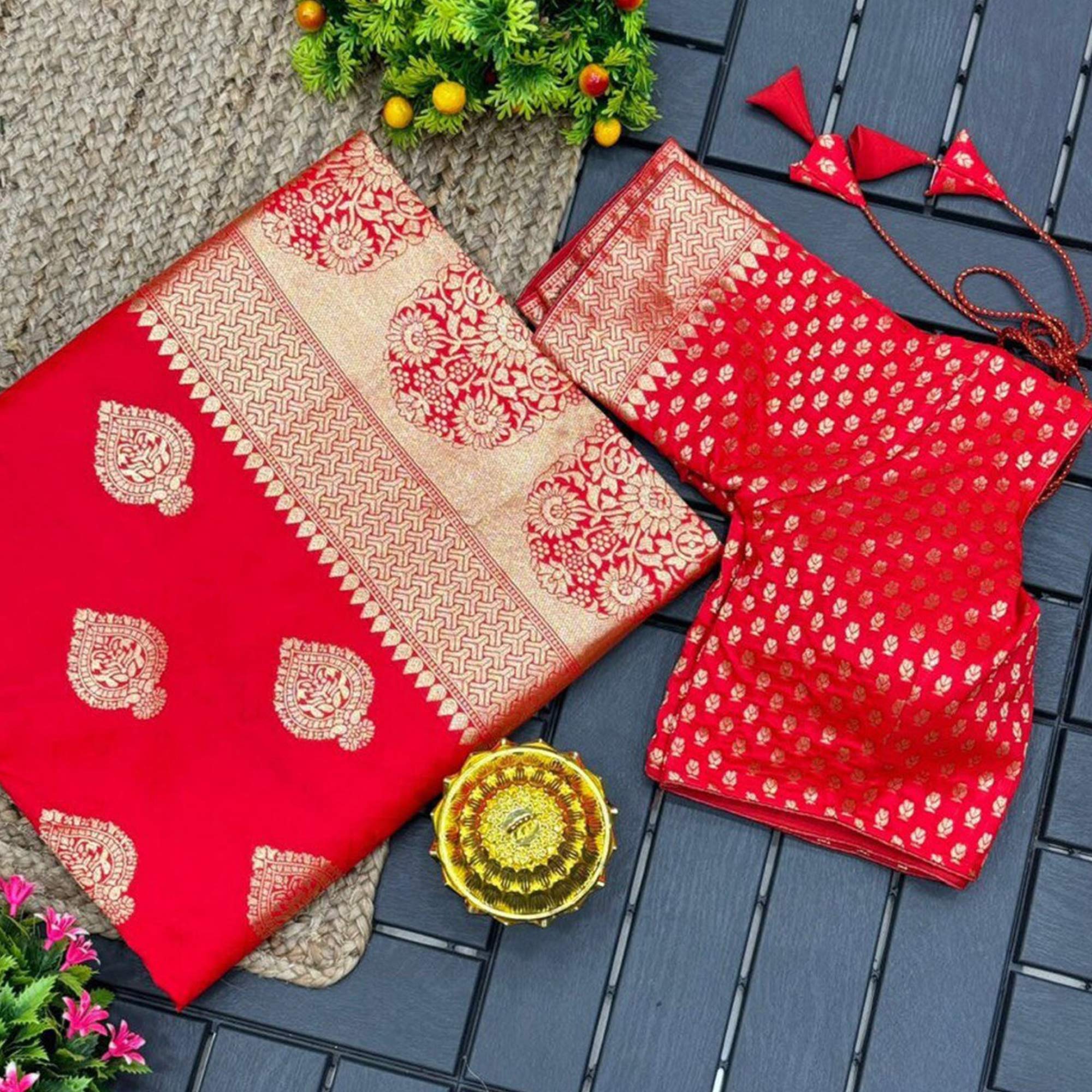 Red Woven Banarasi Silk Saree