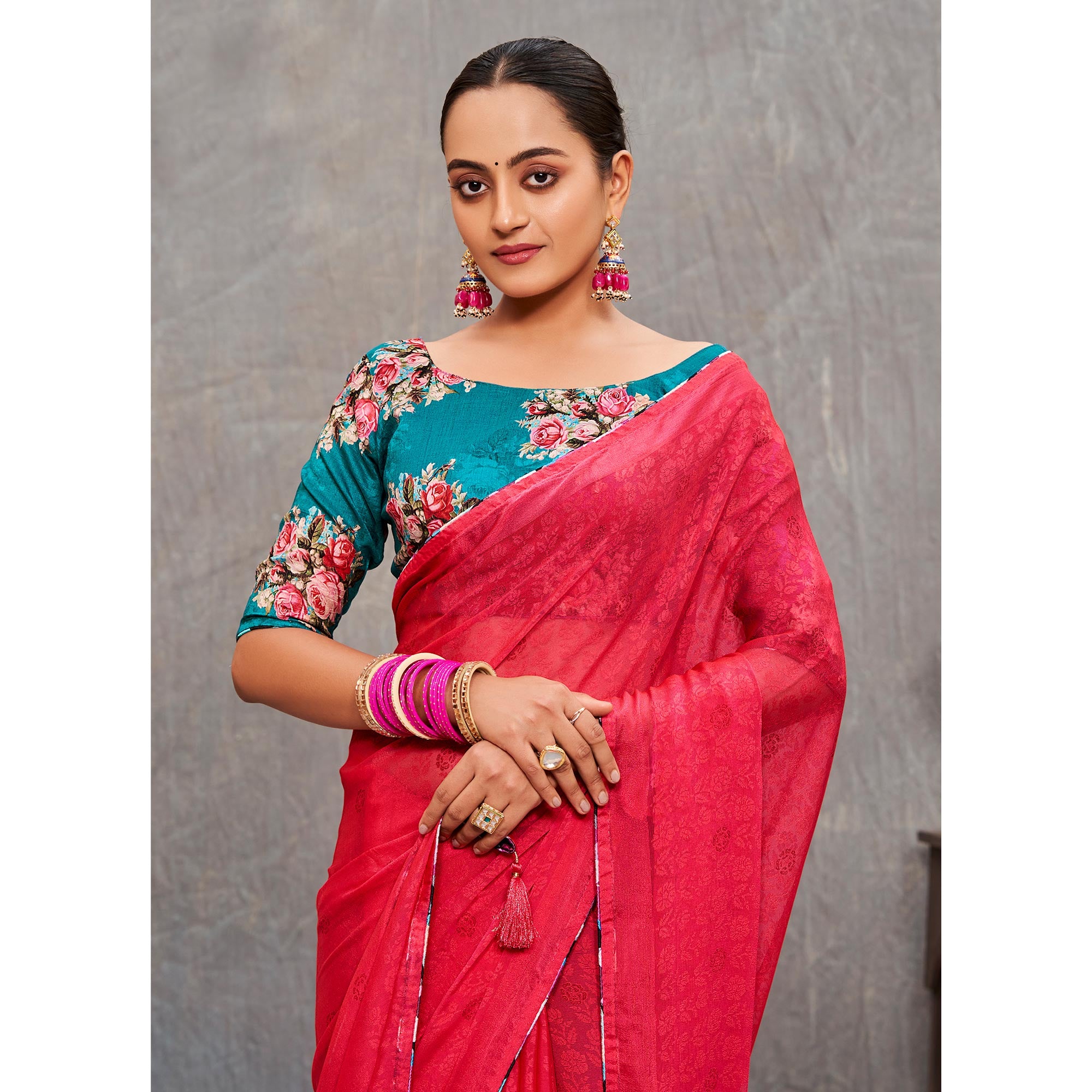Pink Floral Printed Brasso Saree