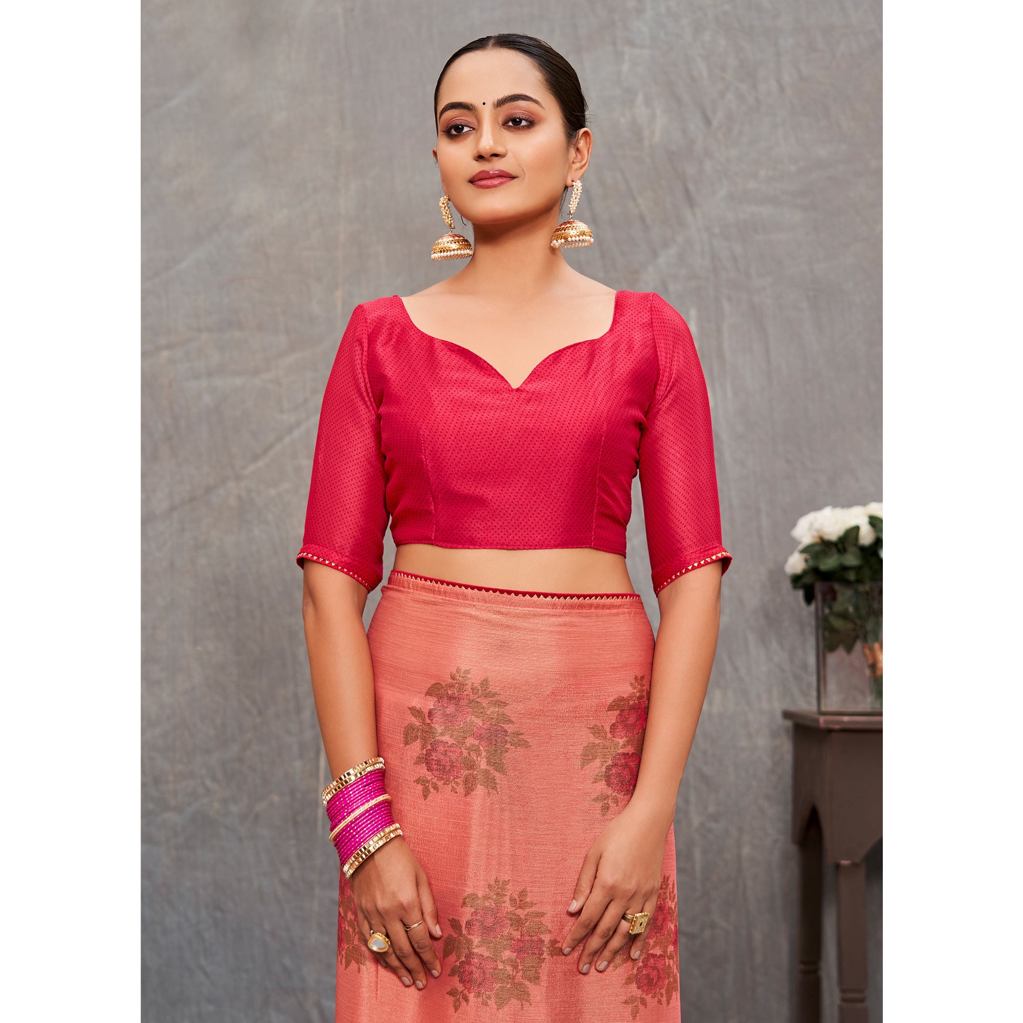 Peach Floral Printed Brasso Saree