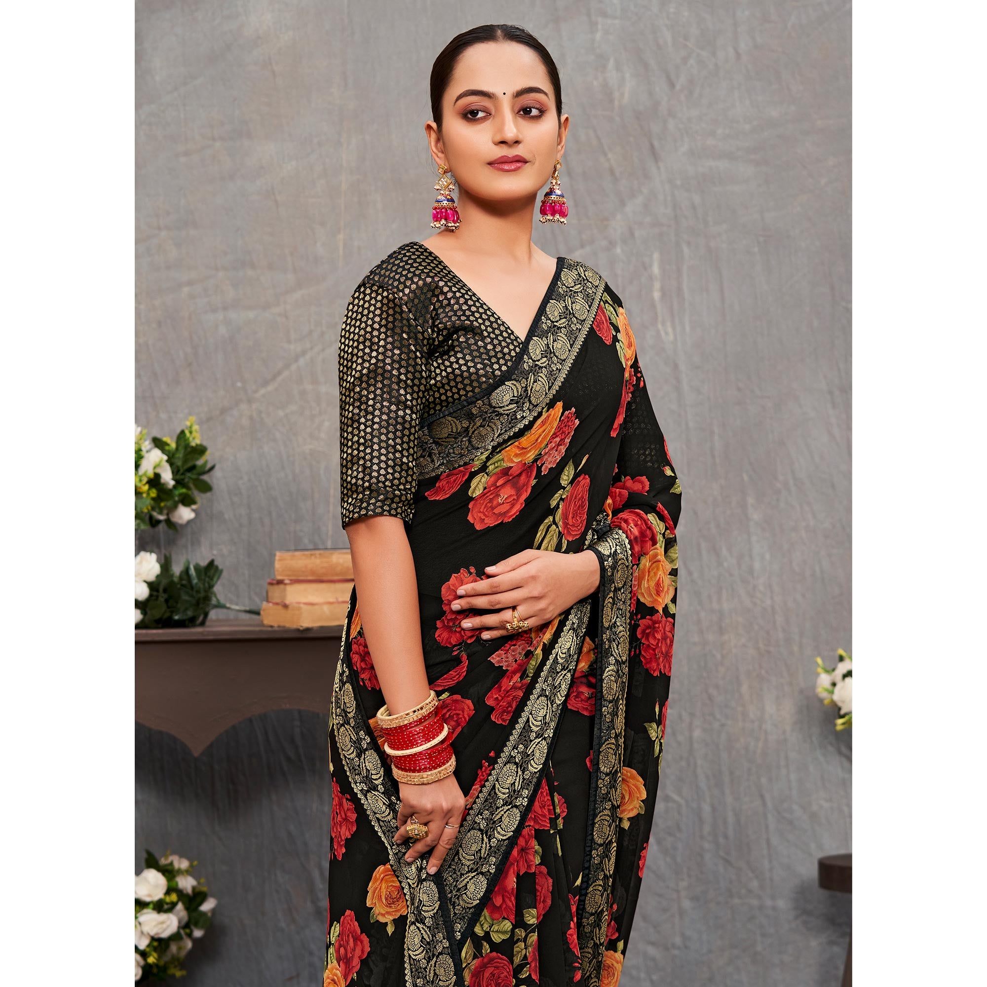 Black Floral Printed Georgette Saree