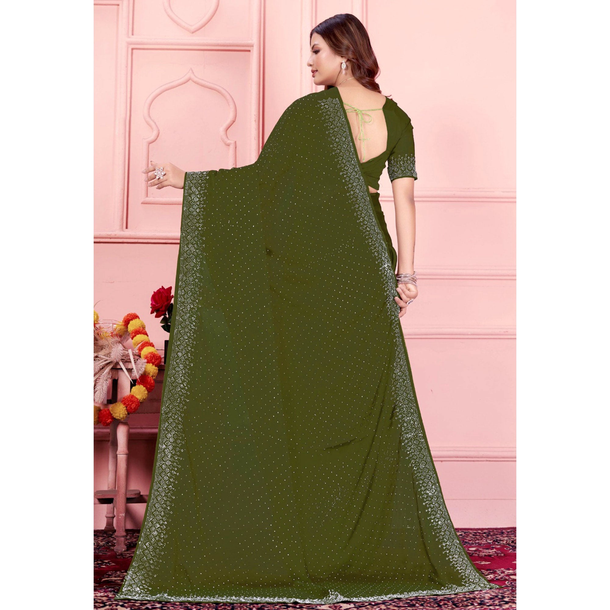 Mehendi Green Swarovski Work Satin Saree