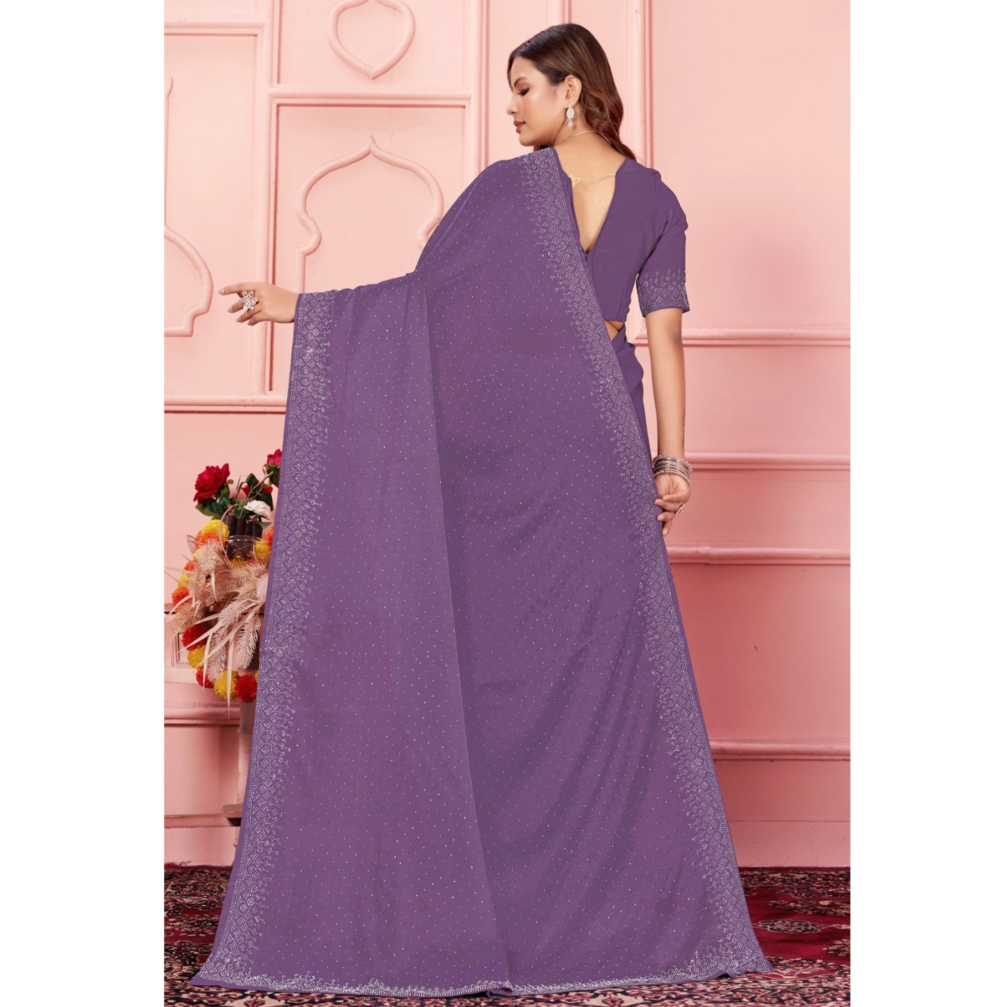 Purple Swarovski Work Satin Saree