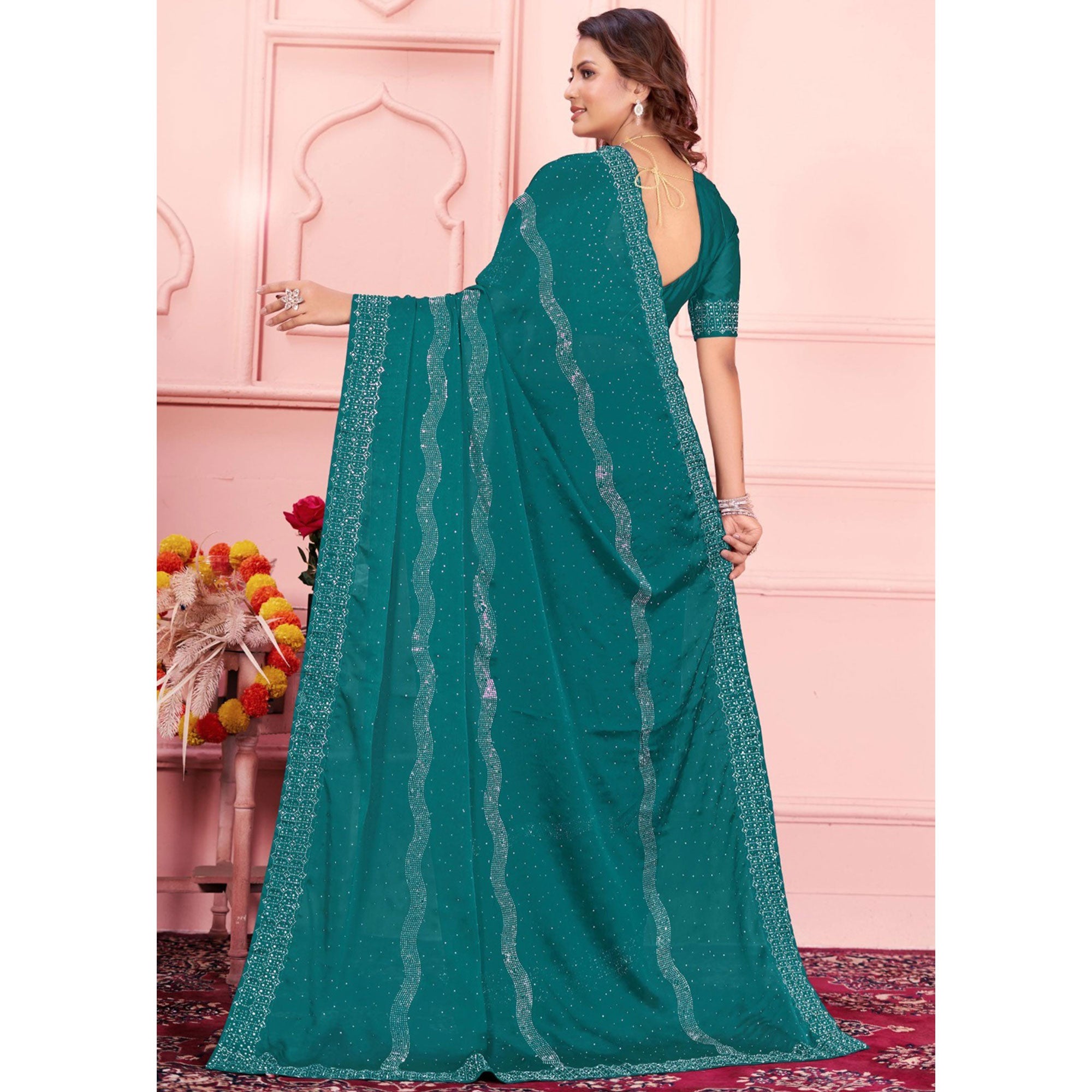 Rama Blue Swarovski Work Satin Saree