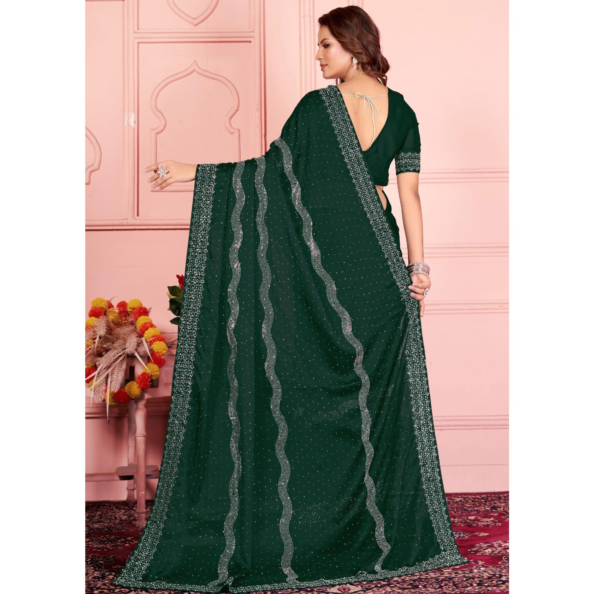 Green Swarovski Work Satin Saree