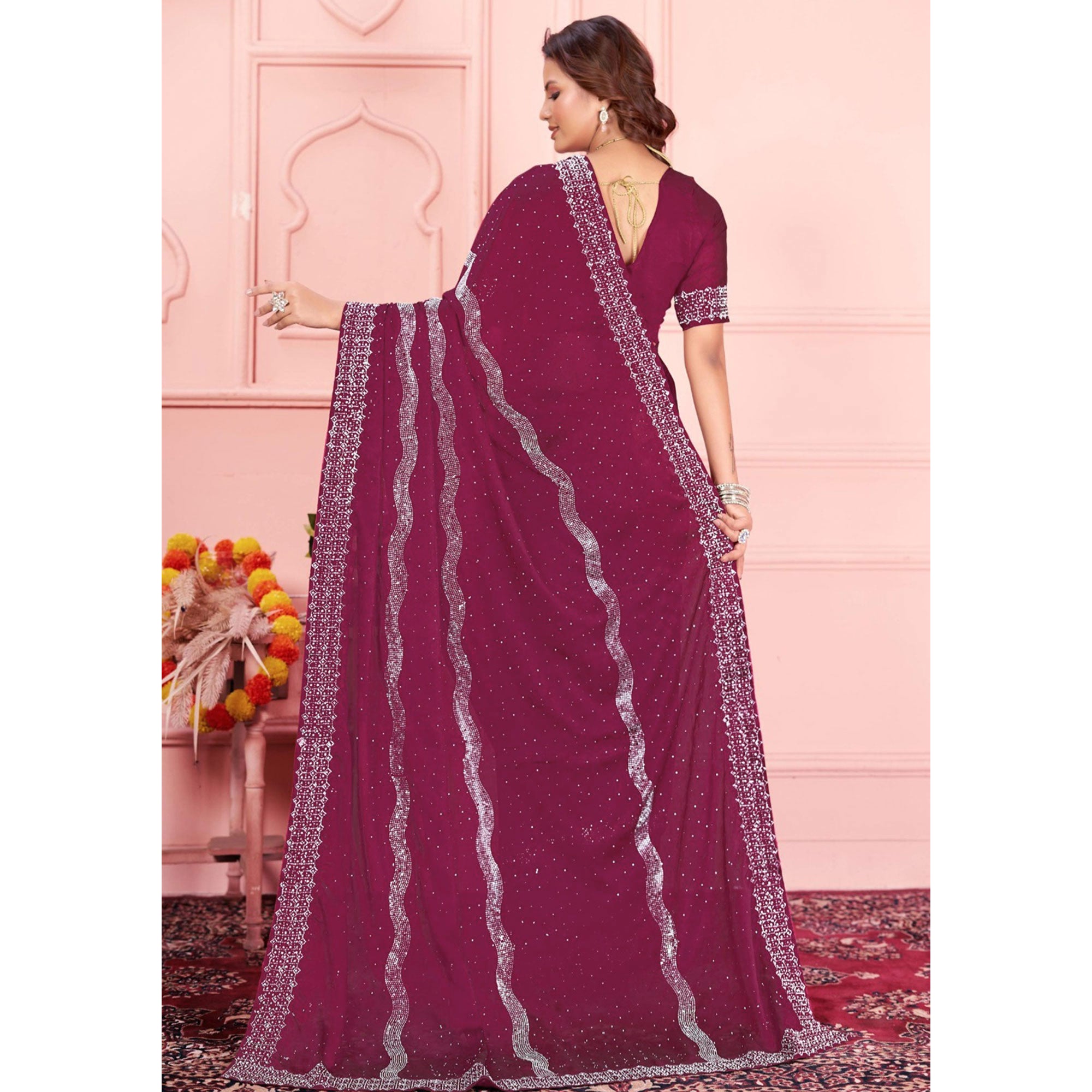 Rani Pink Swarovski Work Satin Saree