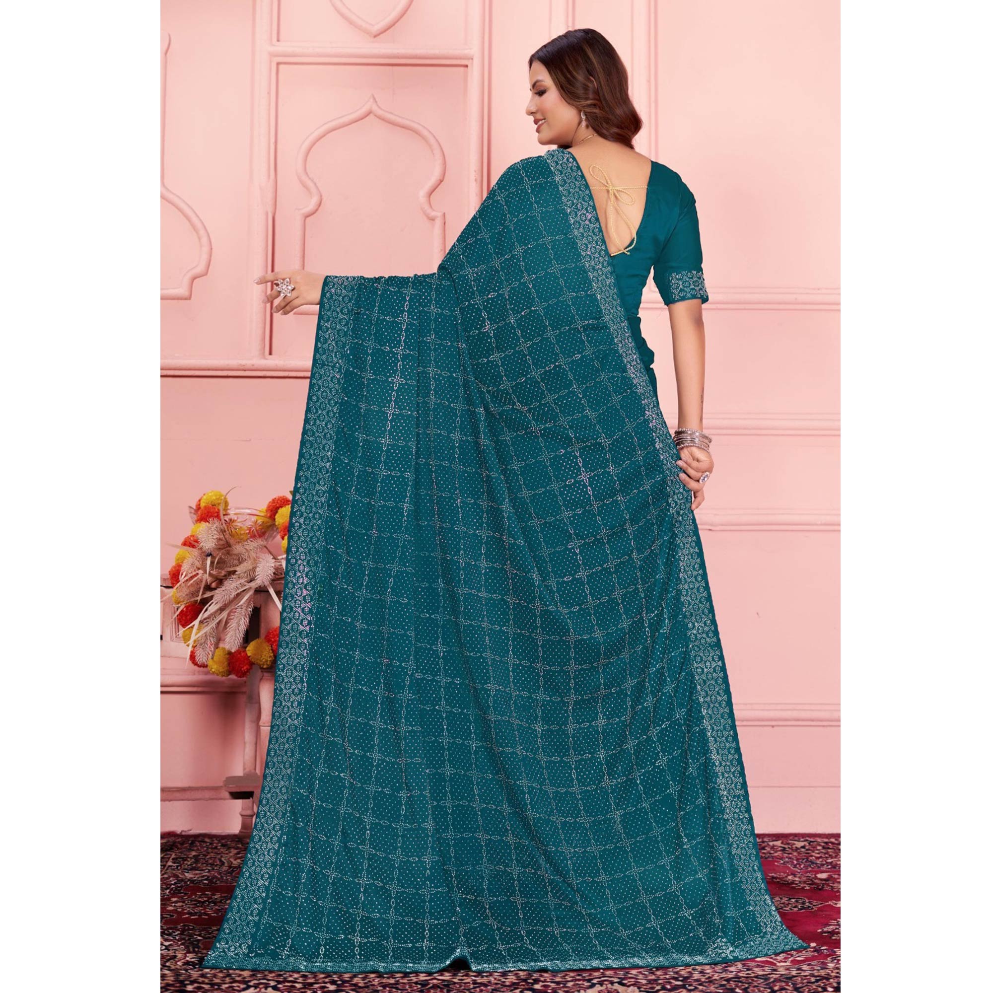 Teal Swarovski Work Satin Saree