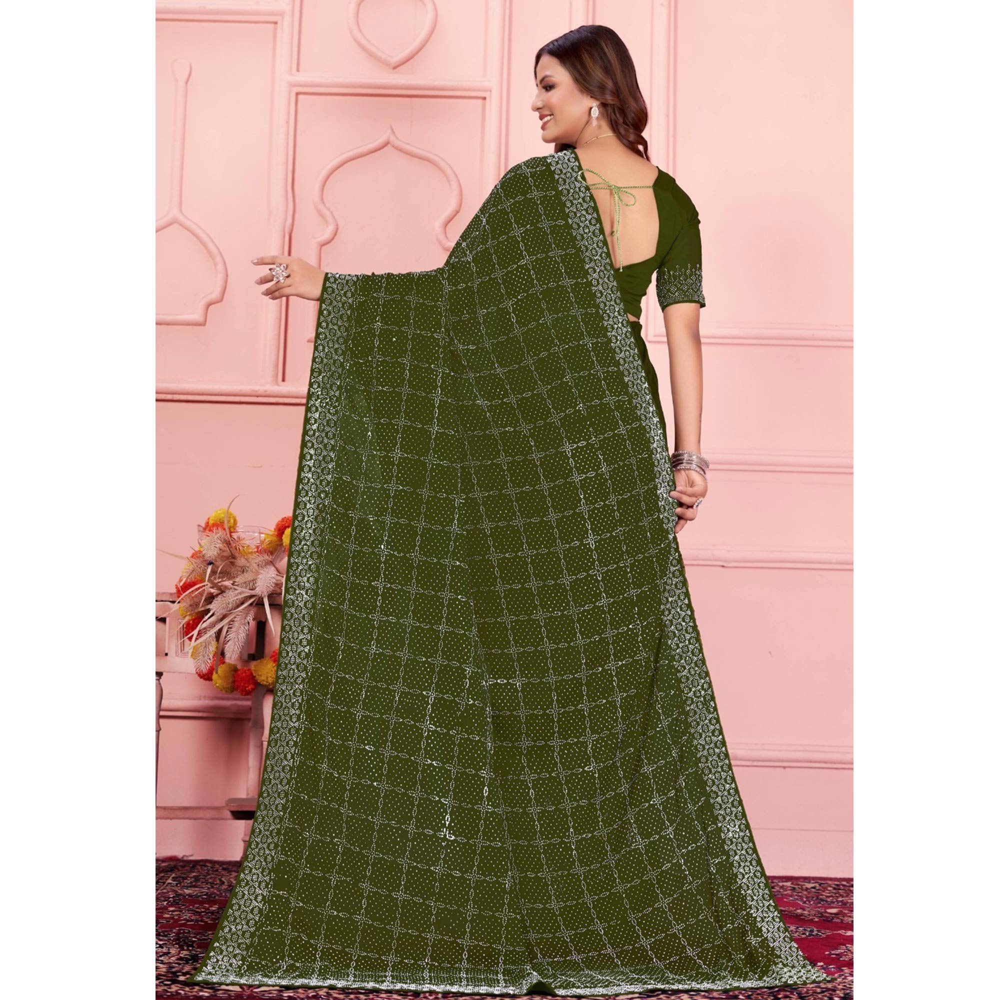 Mehendi Green Swarovski Work Satin Saree
