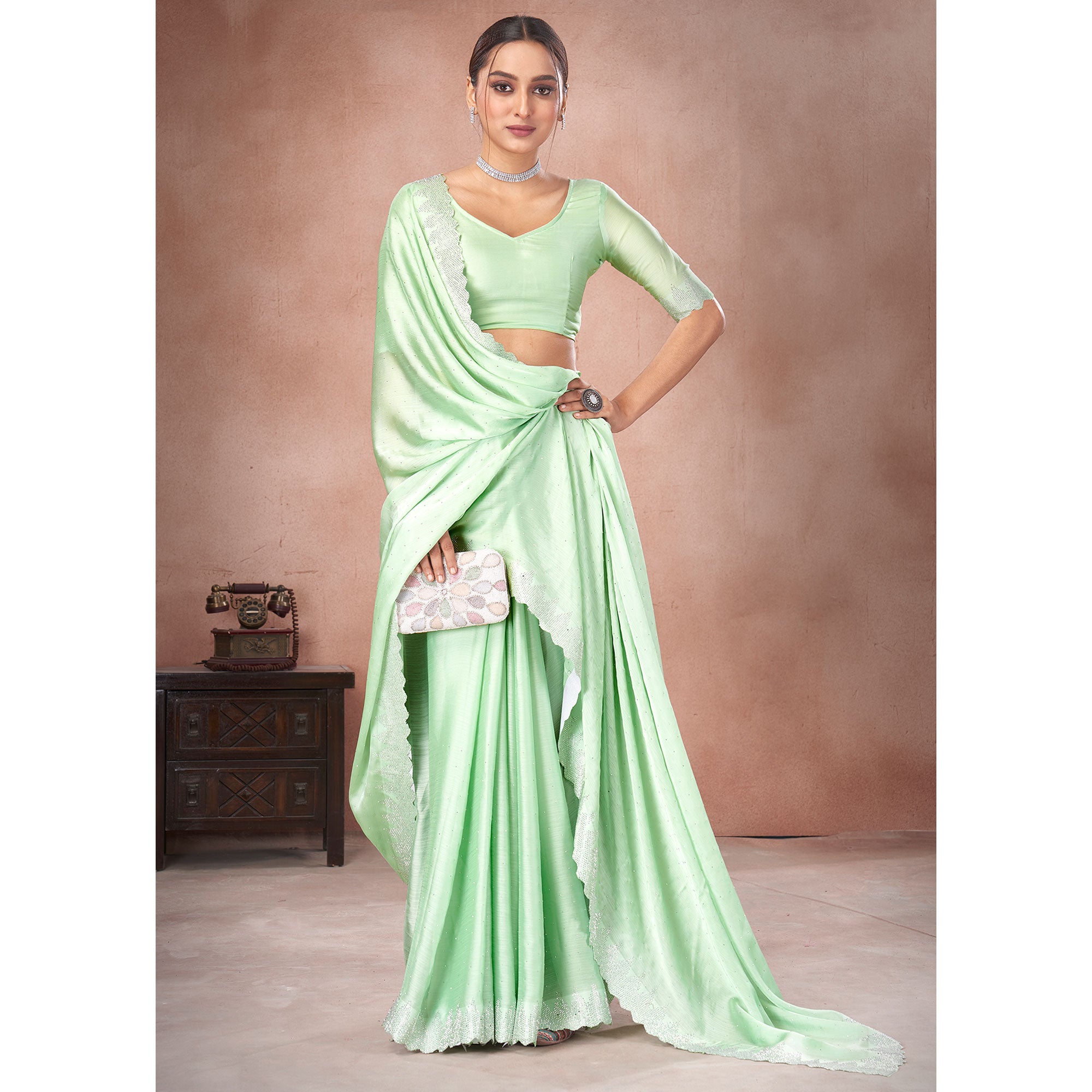 Pista Green Swarovski Work Satin Saree