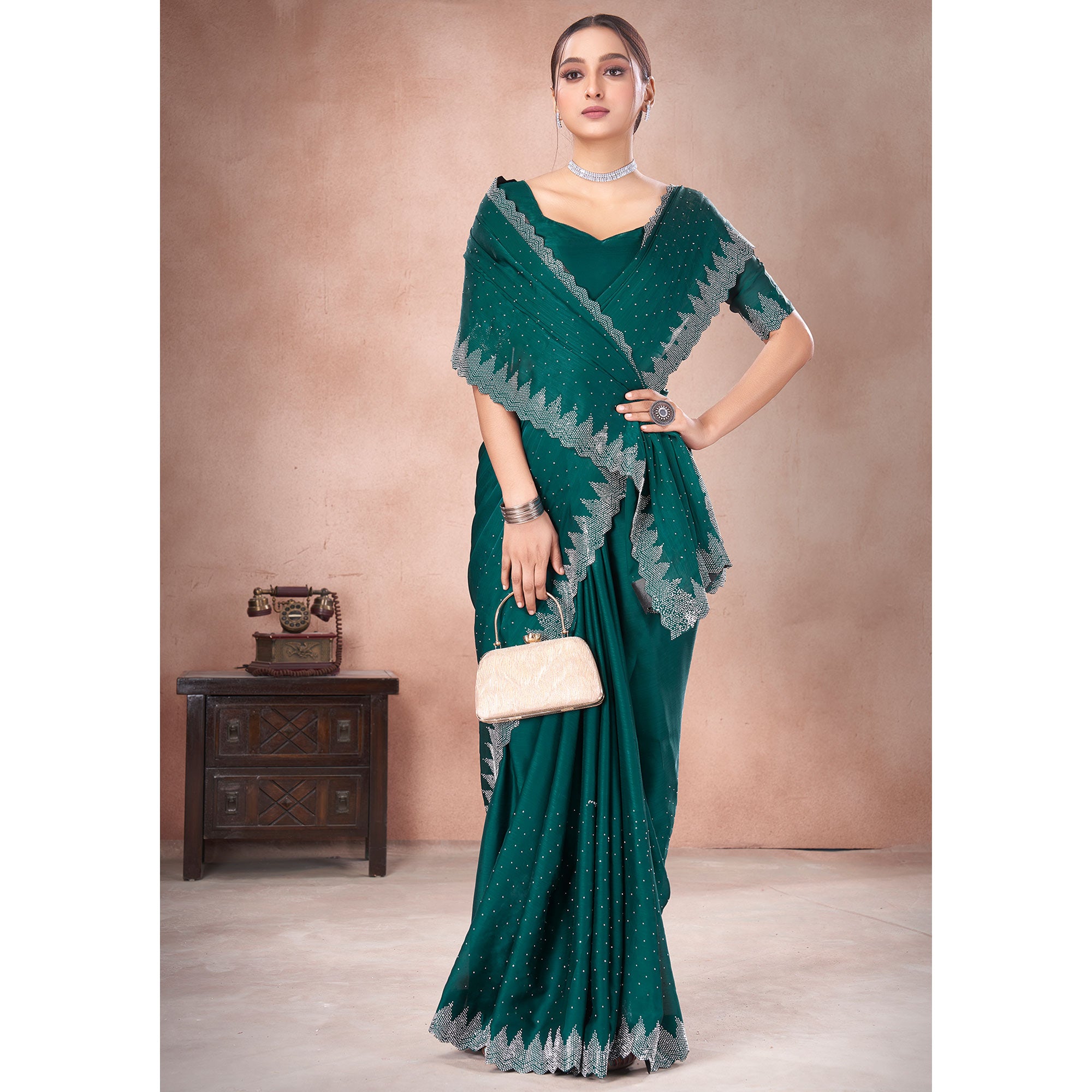 Rama Green Swarovski Work Satin Saree