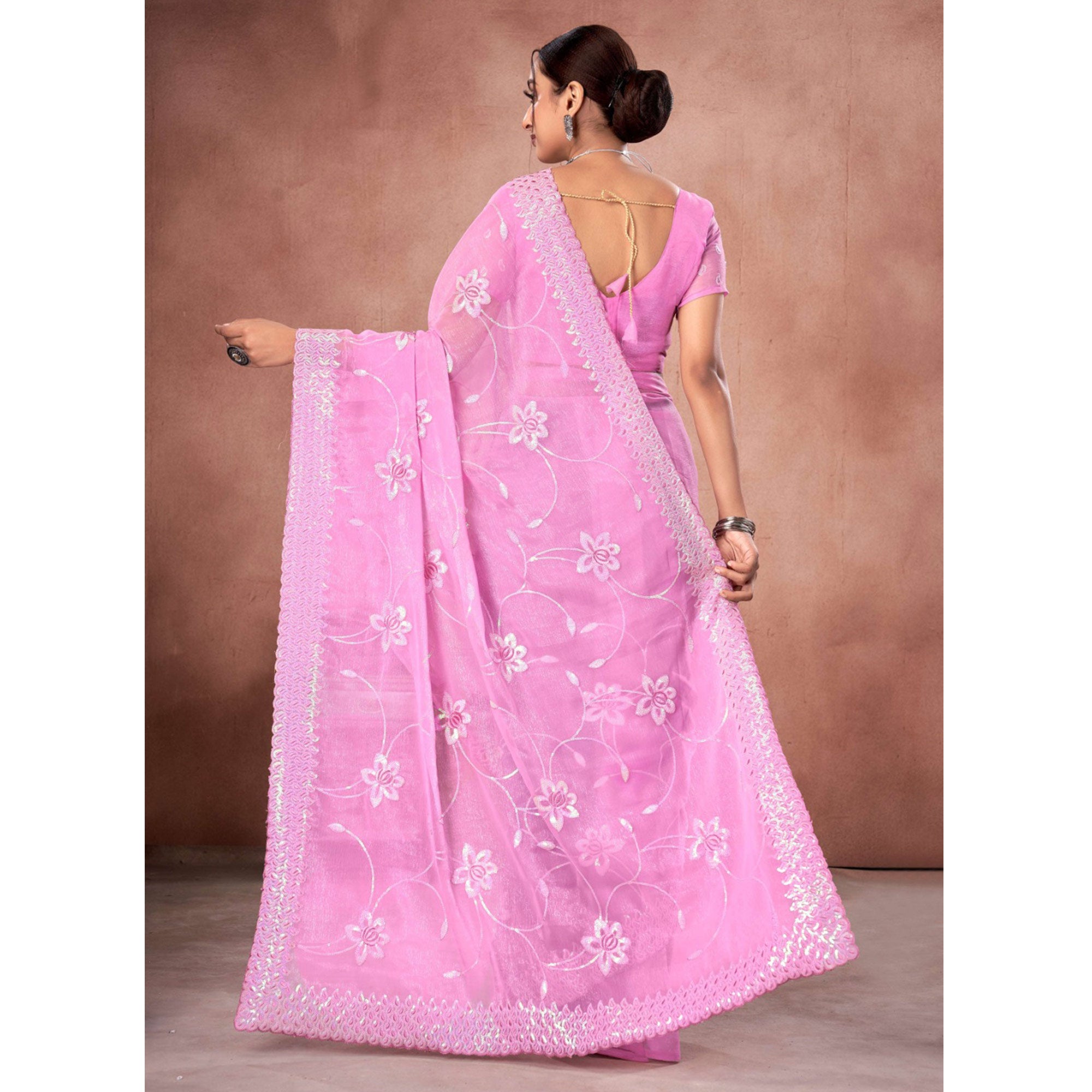 Pink Floral Sequins Embroidered Chiffon Saree
