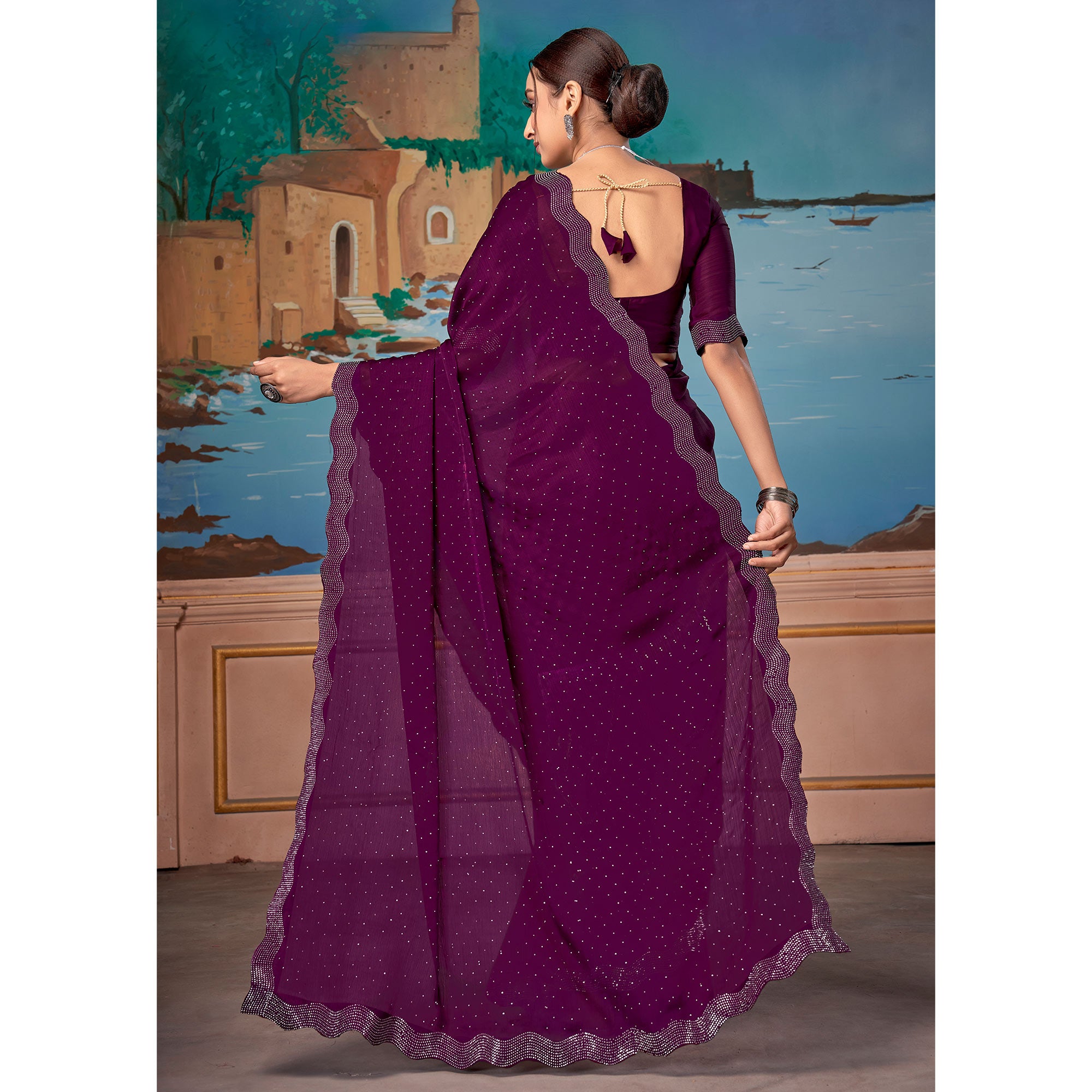 Wine Swarovski Work Satin Saree