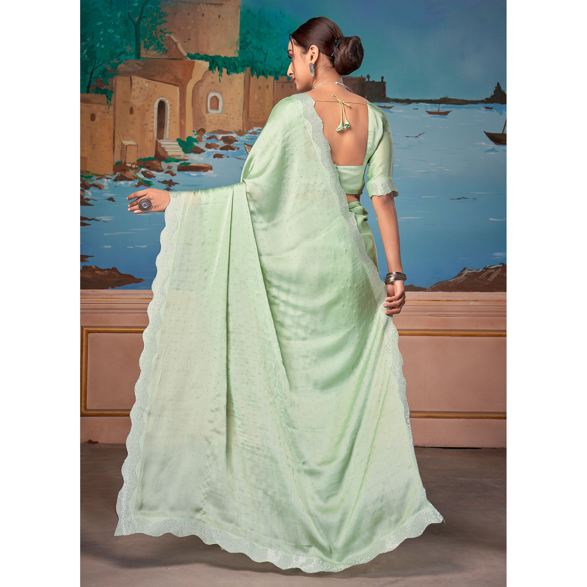 Pista Green Swarovski Work Satin Saree
