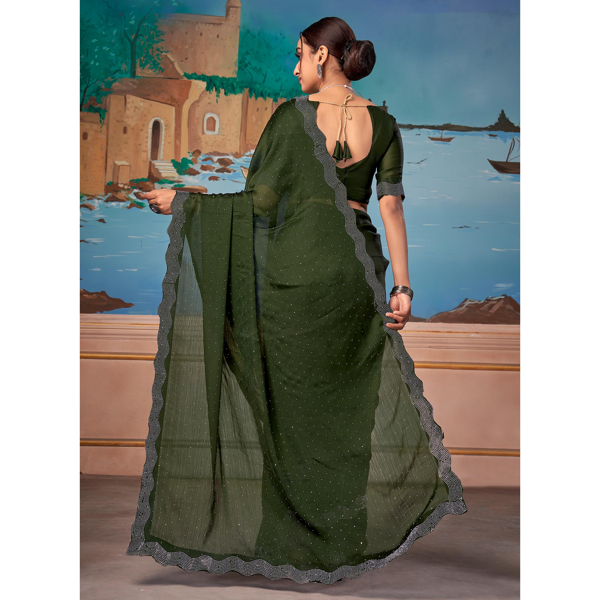 Green Swarovski Work Satin Saree