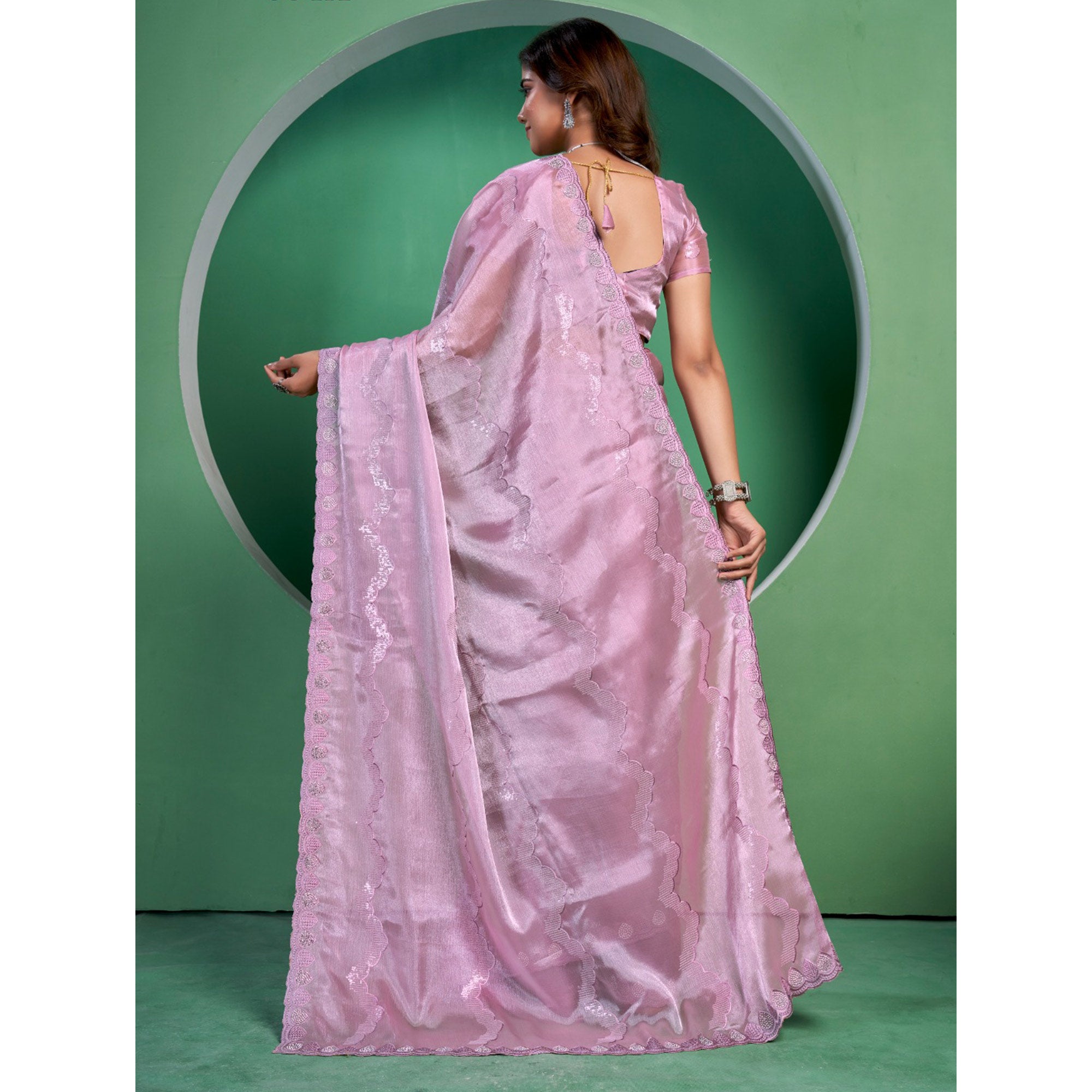 Pink Sequins Embroidered Chiffon Saree With Diamond Border