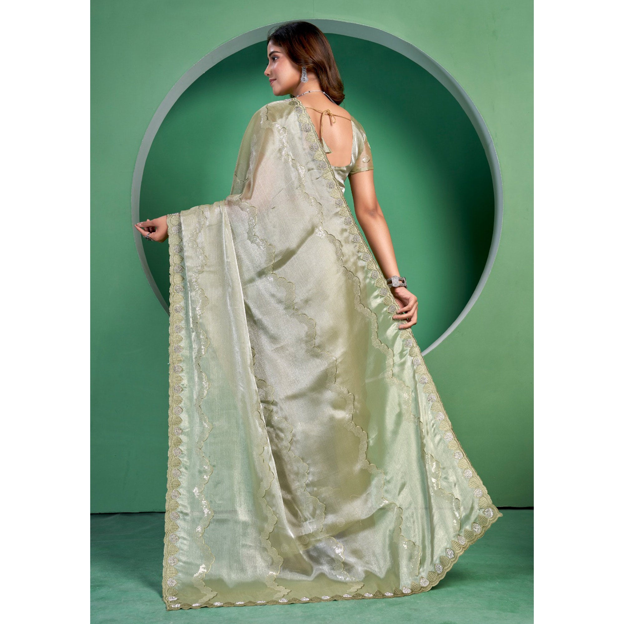 Pista Green Sequins Embroidered Chiffon Saree With Diamond Border