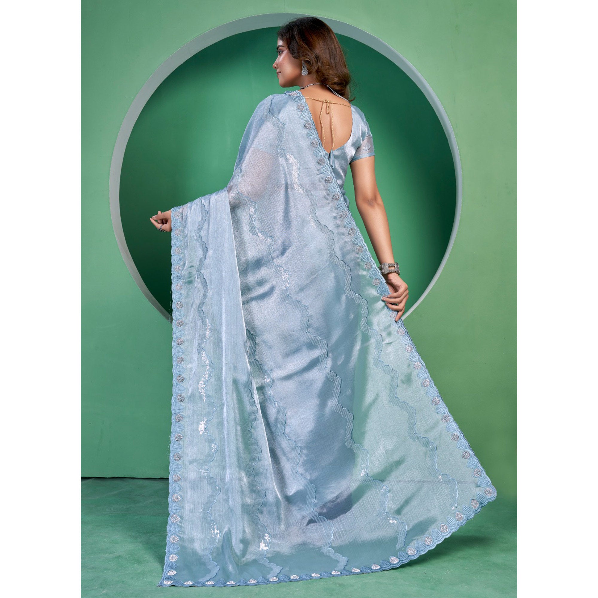 Blue Sequins Embroidered Chiffon Saree With Diamond Border