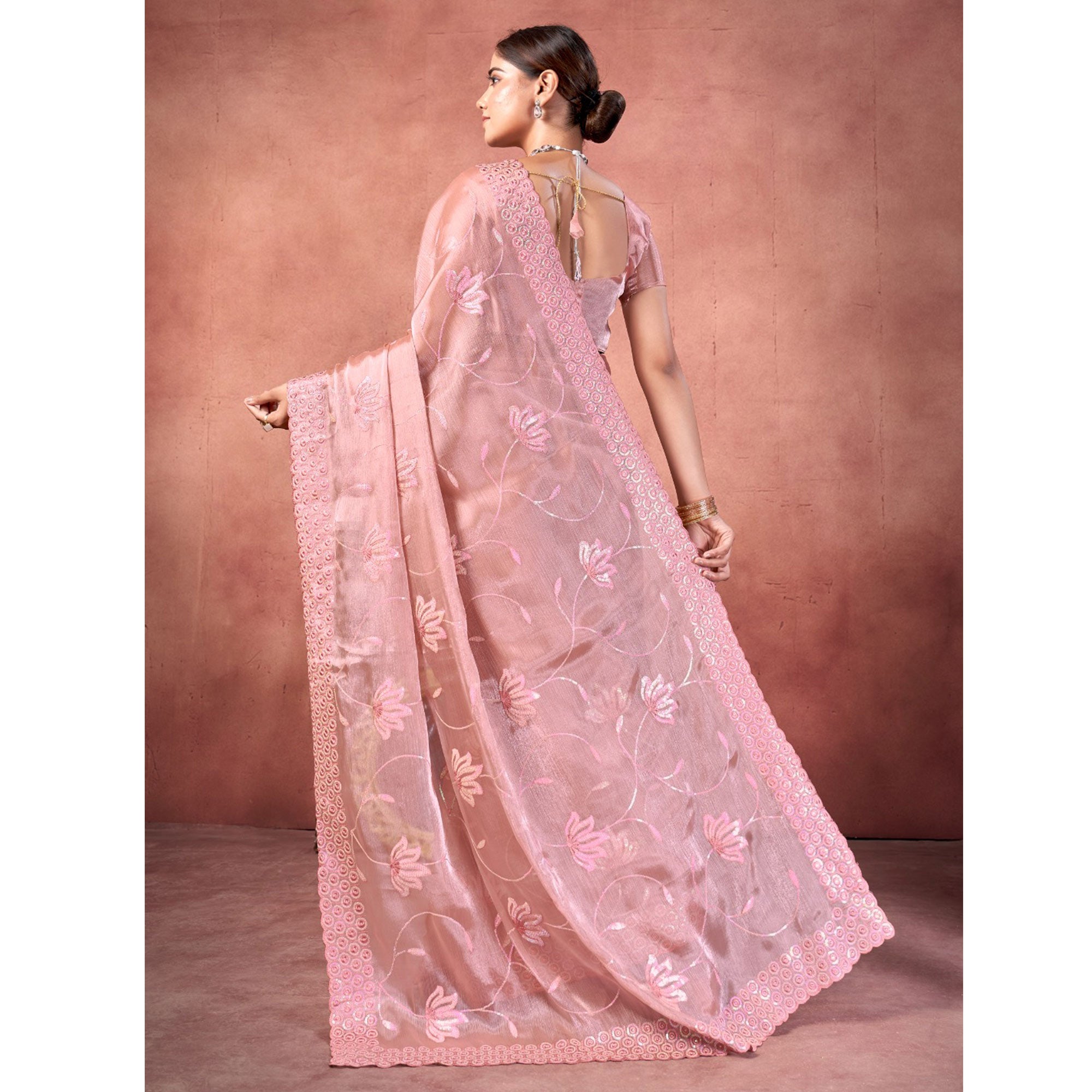 Peach Floral Sequins Embroidered chiffon Saree