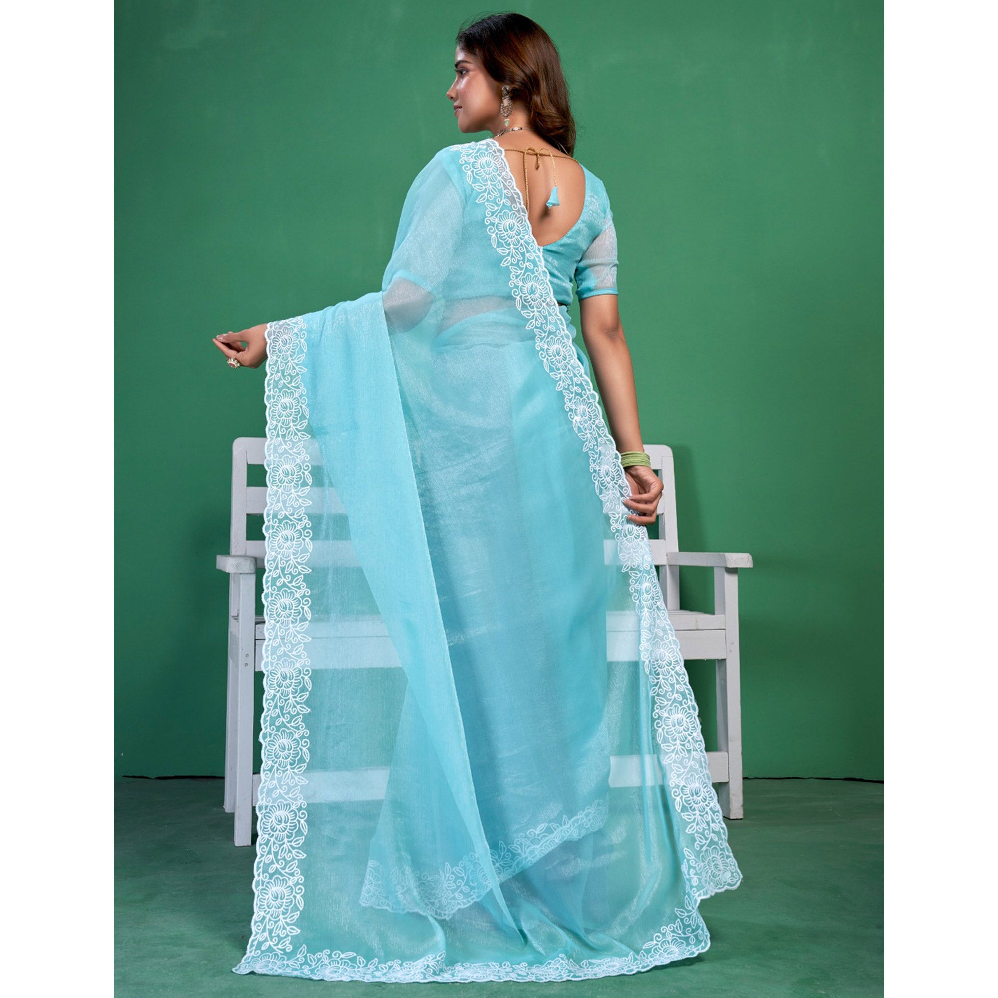 Blue Chiffon Saree With Embroidered Border