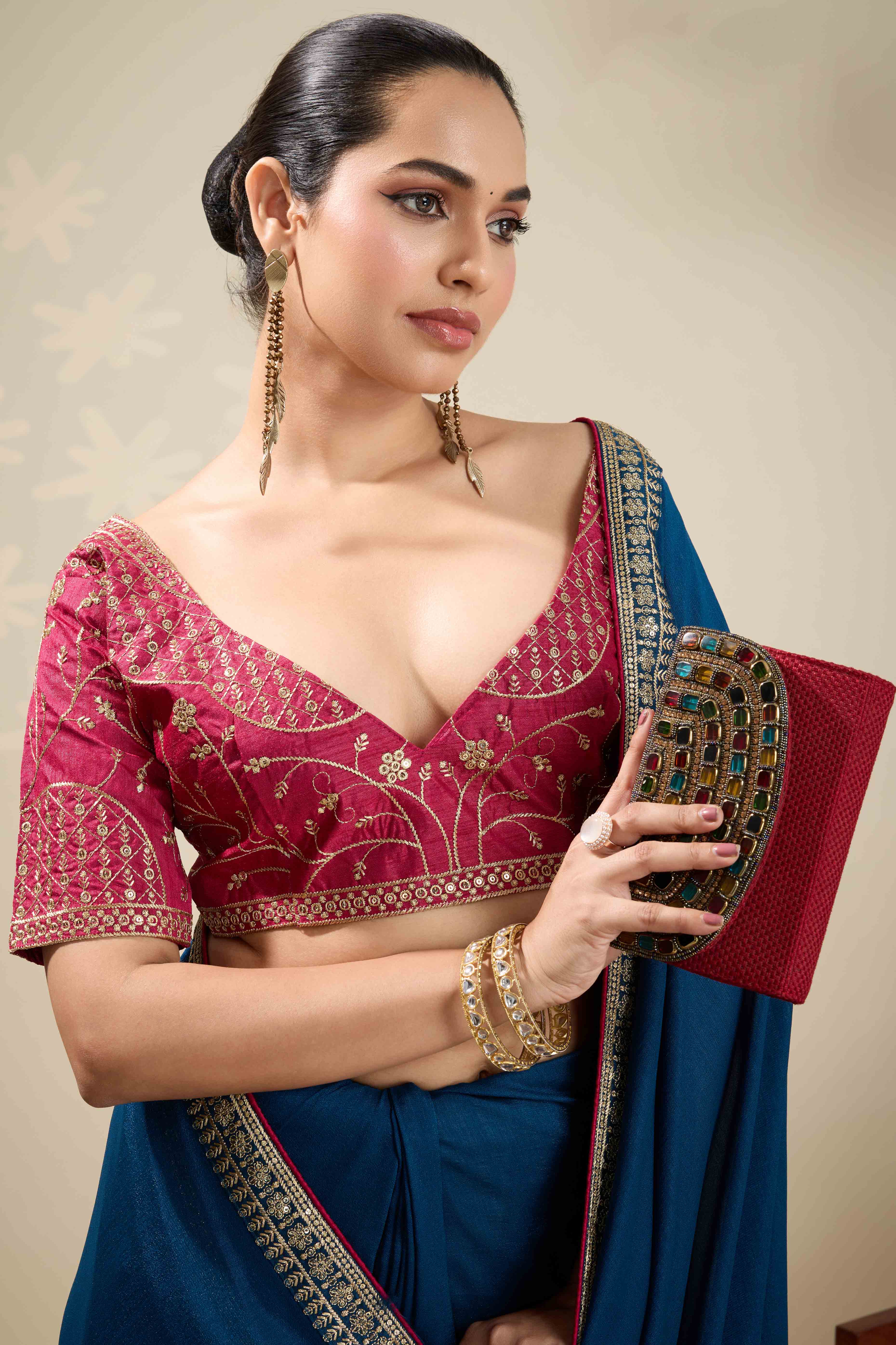 Graceful Vichitra Silk Saree in Blue with Embroidered Bordering