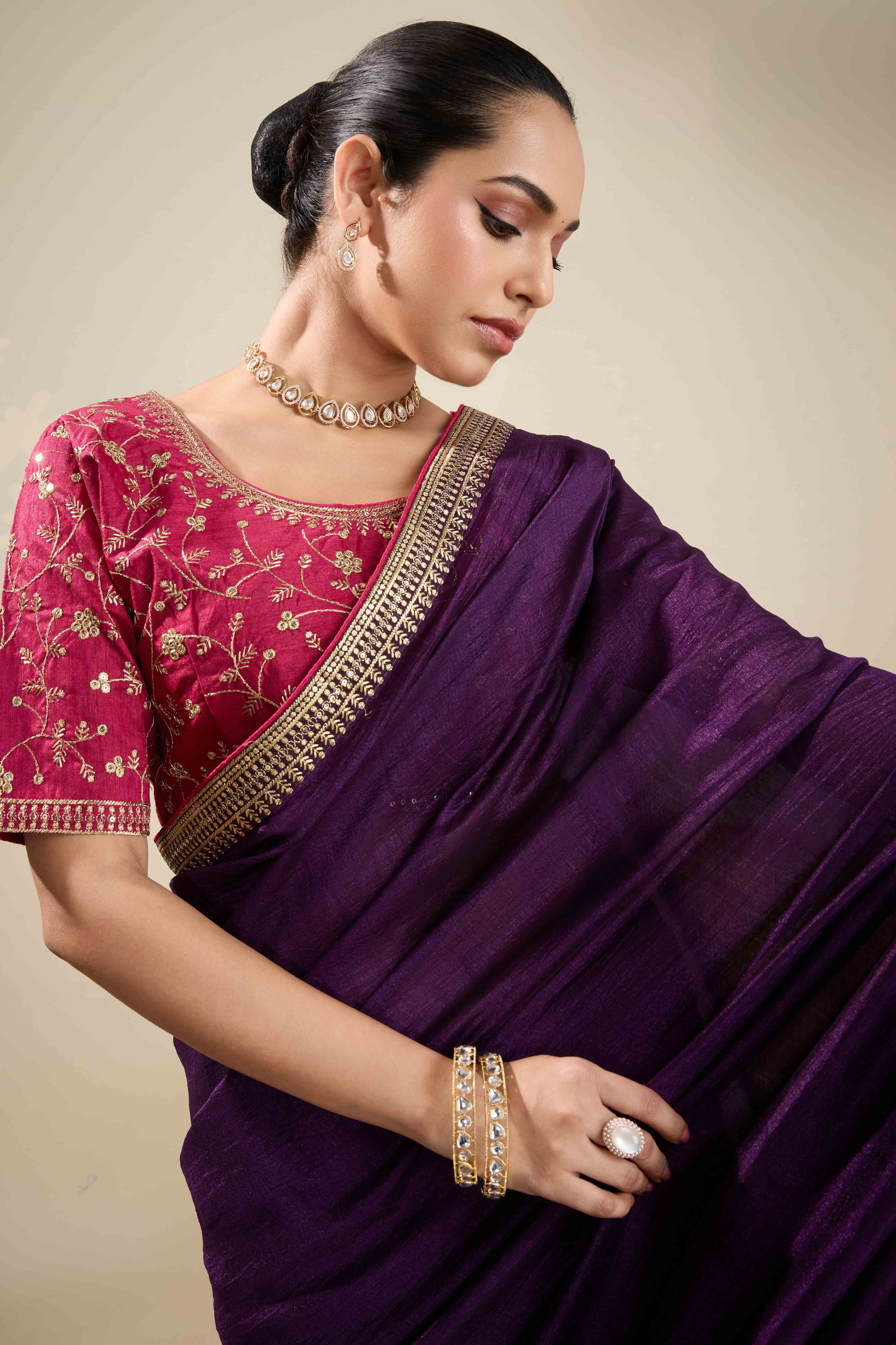 Graceful Vichitra Silk Saree in Purple with Embroidered Bordering