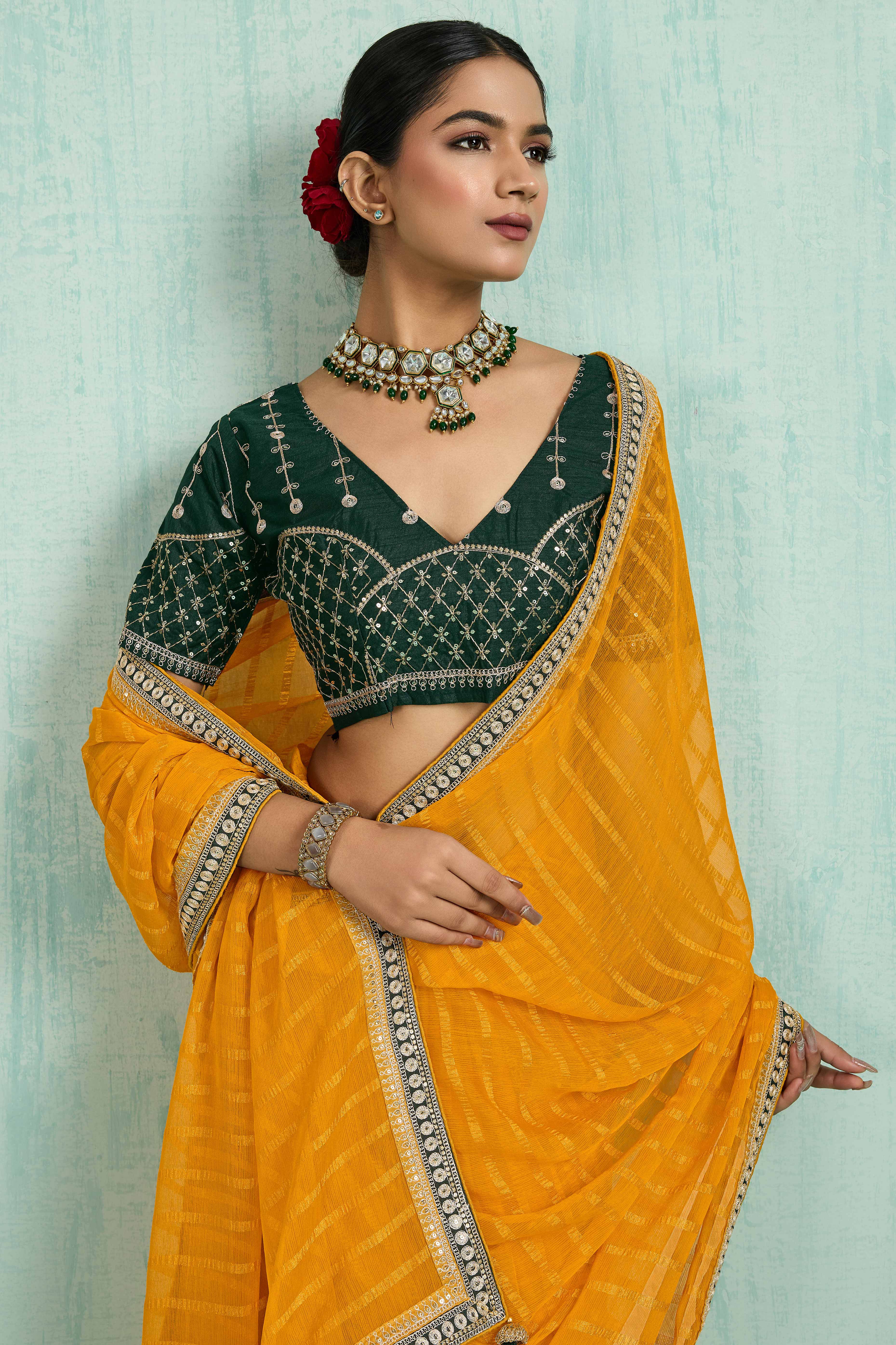Mustard Chiffon Saree With Elegant Stripes & Sequins Embroidered Border