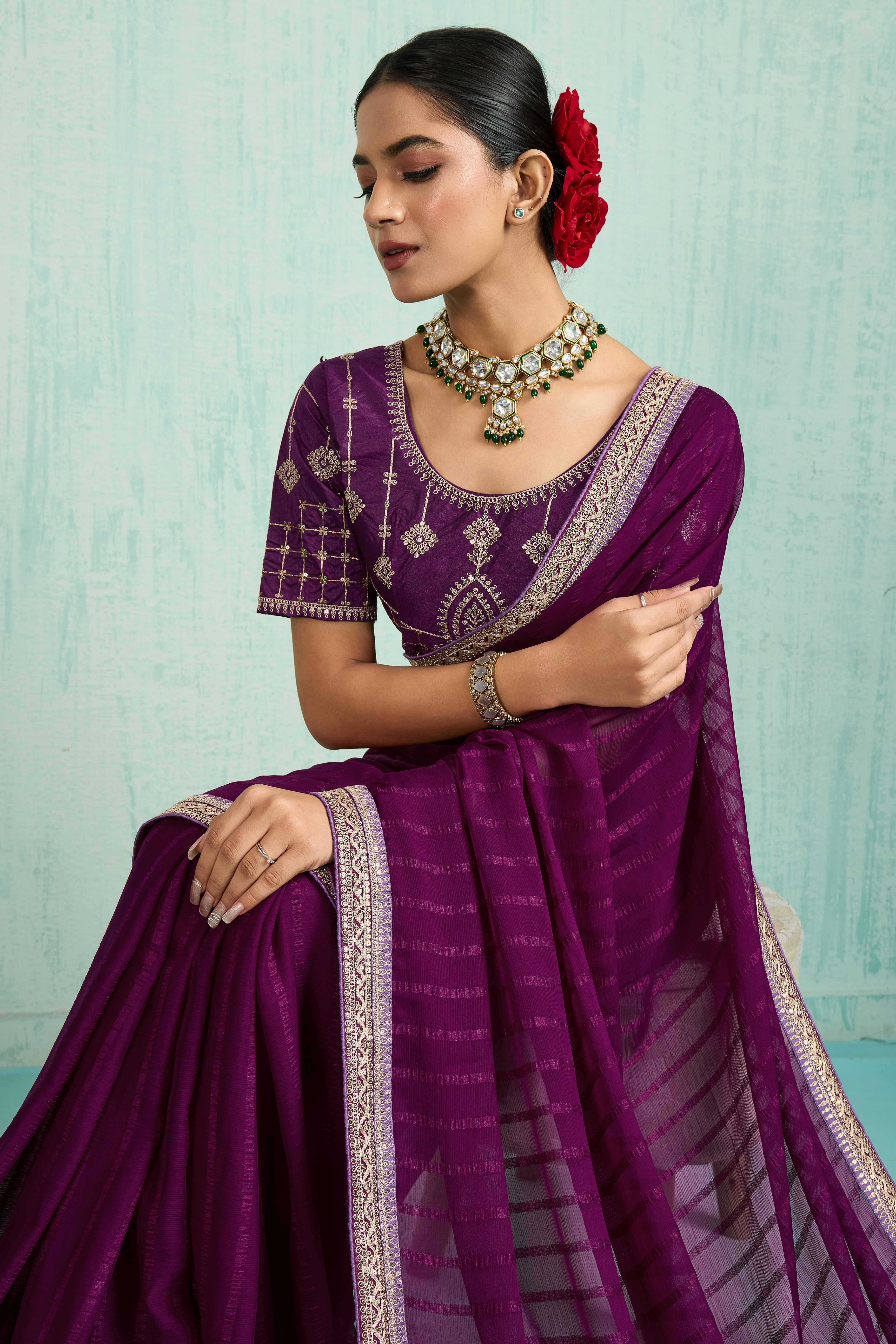 Purple Chiffon Saree With Elegant Stripes & Sequins Embroidered Border