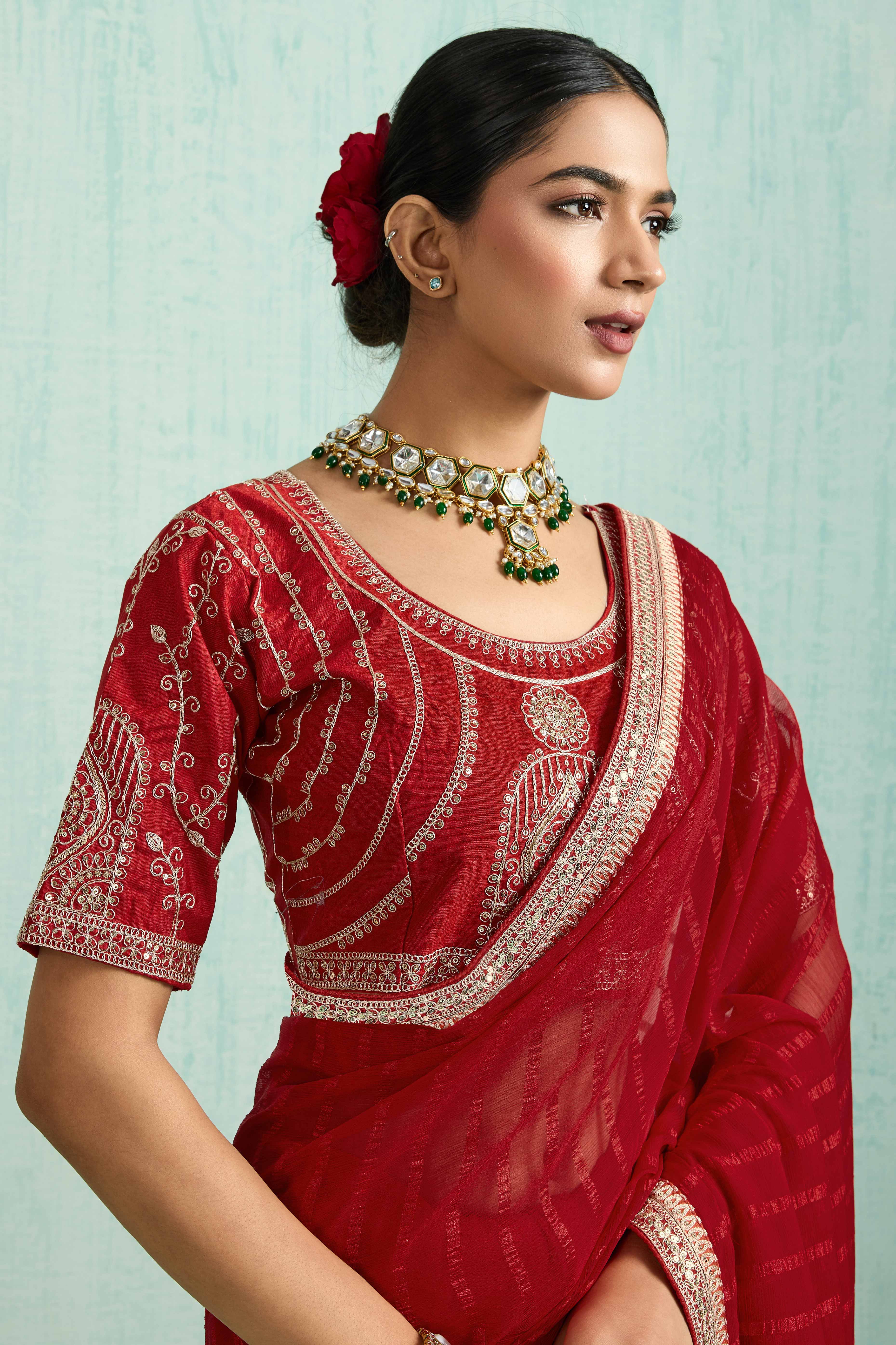 Red Chiffon Saree With Elegant Stripes & Sequins Embroidered Border