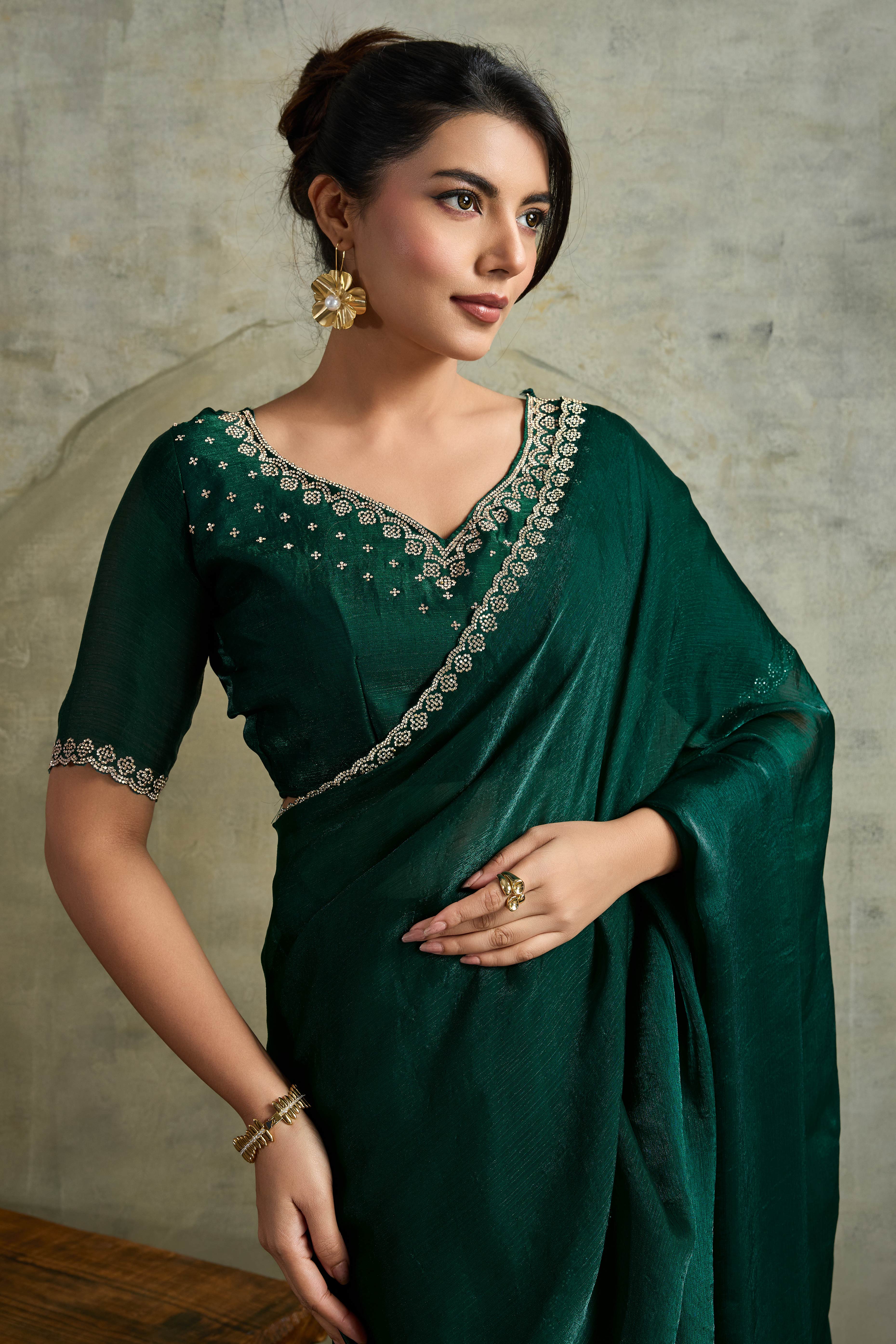 Green Solid Chiffon Saree With Sparkling Zarkan Border & Latkan Pallu
