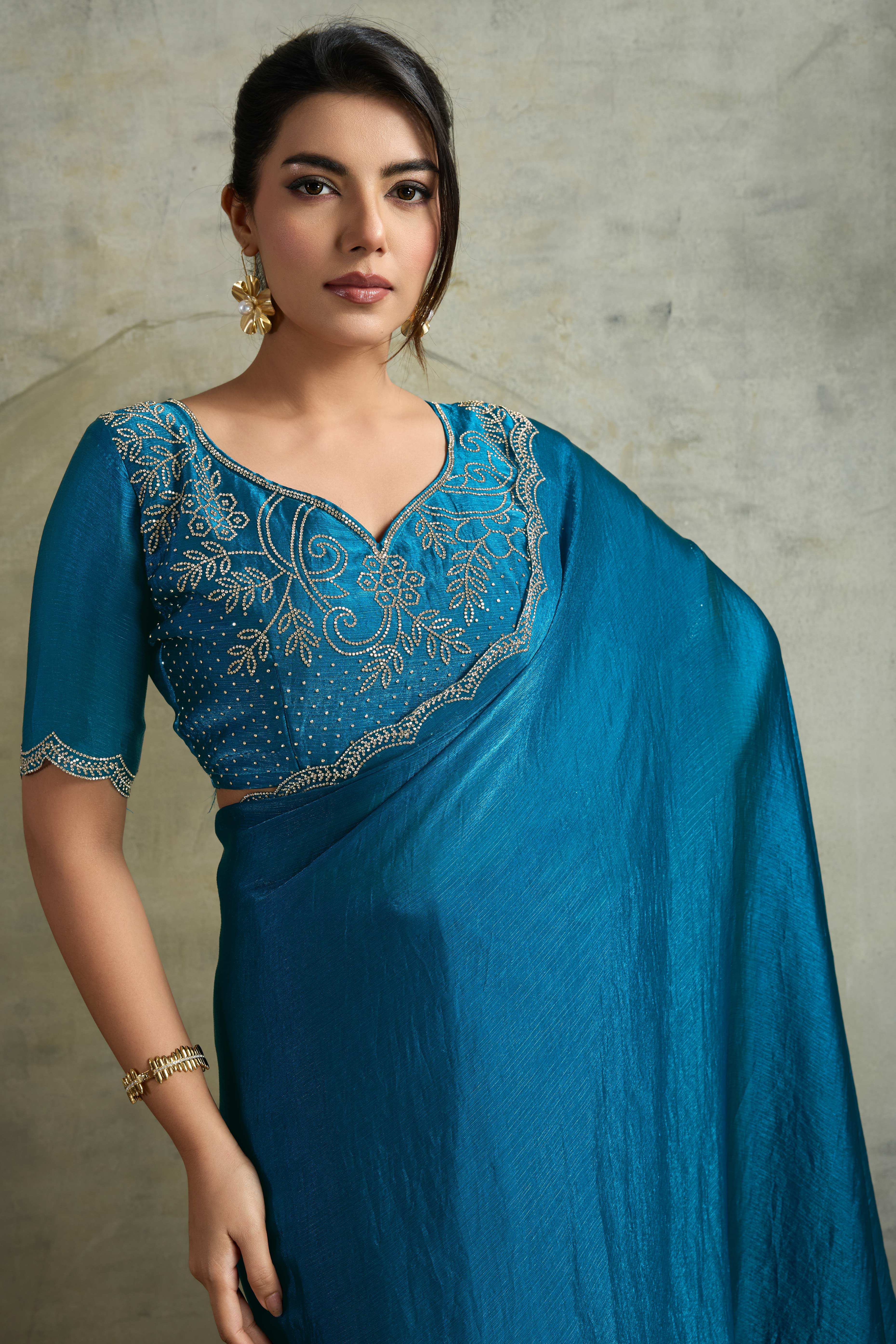 Blue Solid Chiffon Saree With Sparkling Zarkan Border & Latkan Pallu