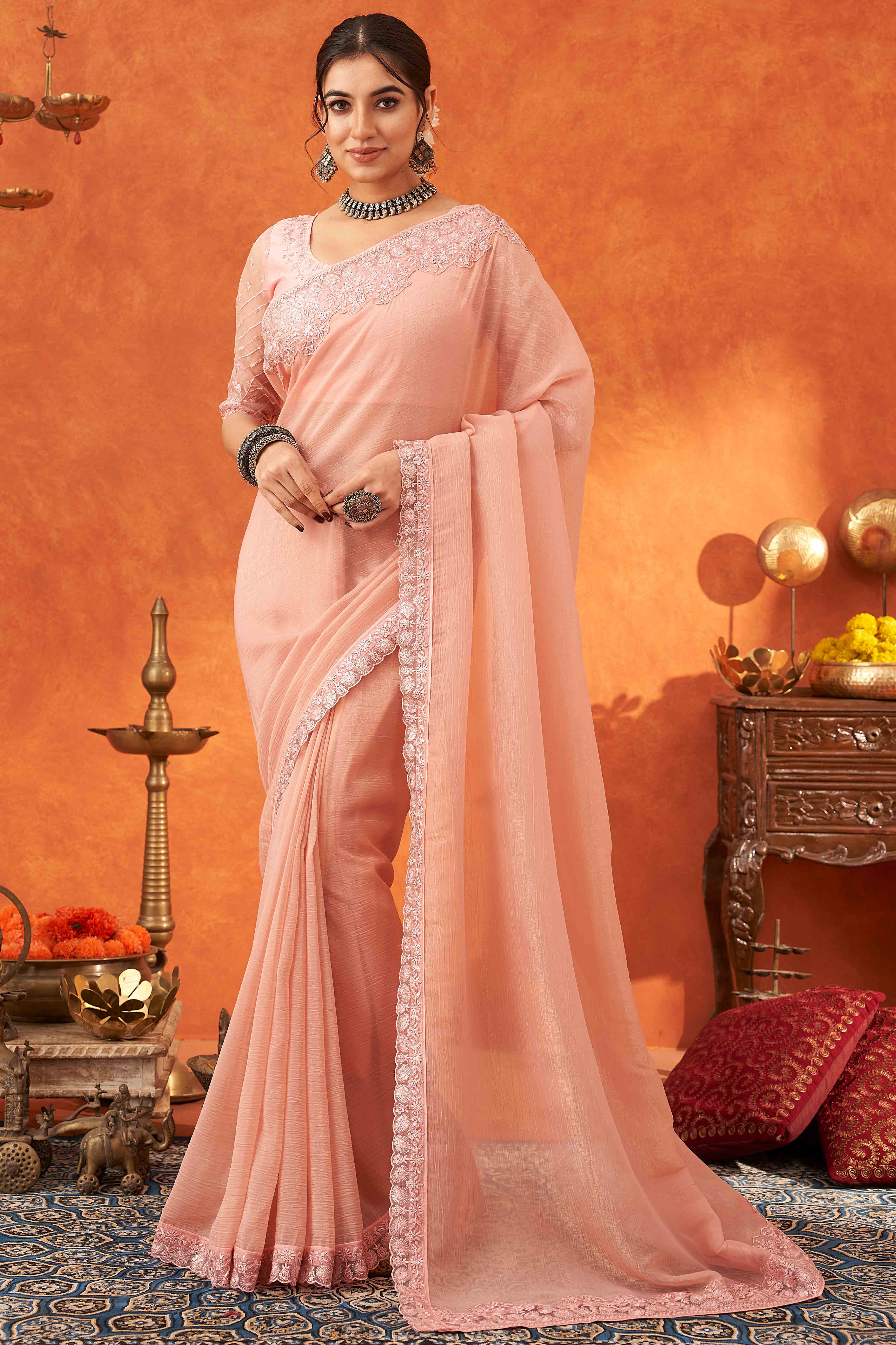 Peach Embroidered Crunchy Soft Net Saree With Embellished Border