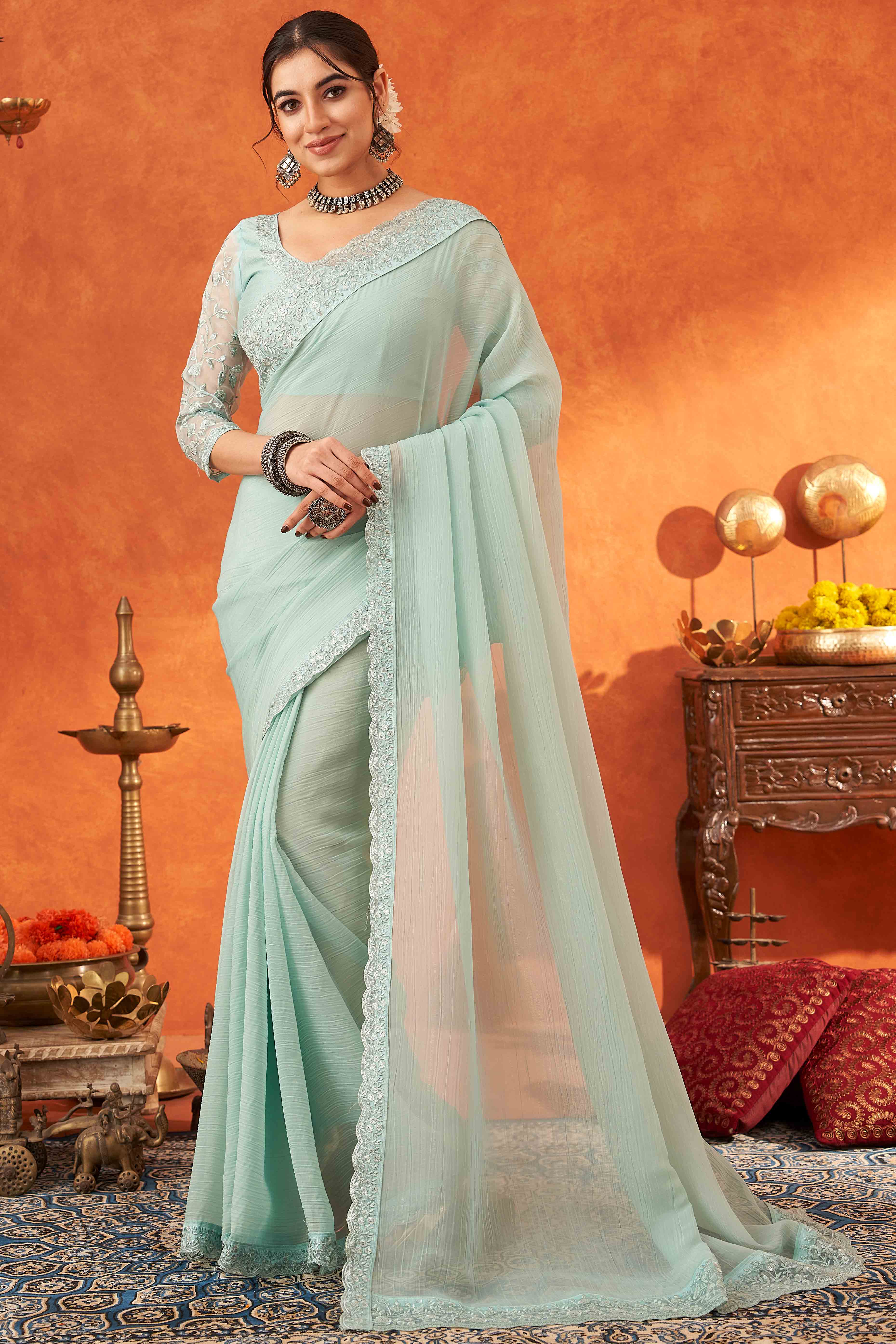 Mint Green Embroidered Crunchy Soft Net Saree With Embellished Border