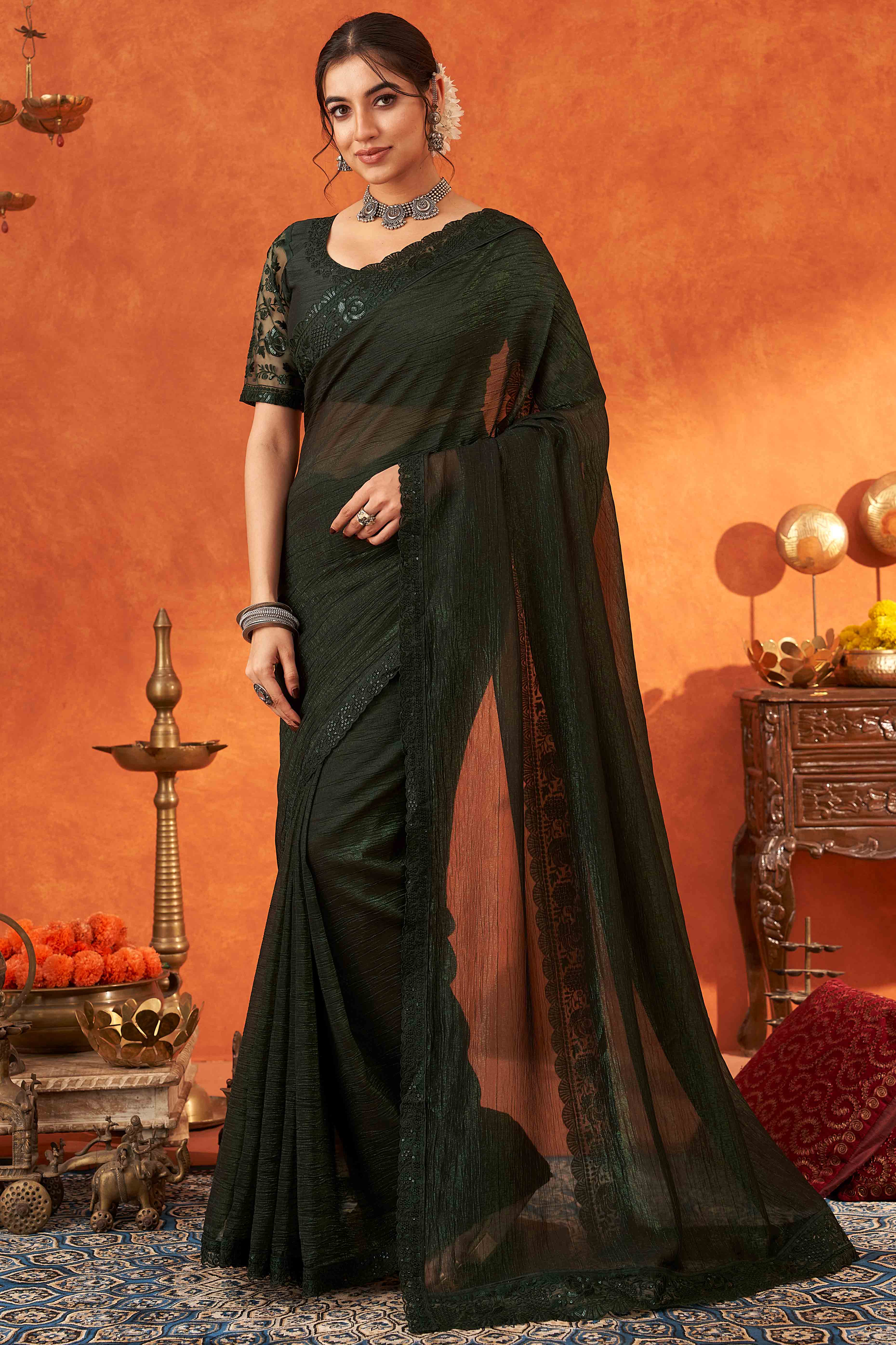 Green Embroidered Crunchy Soft Net Saree With Embellished Border