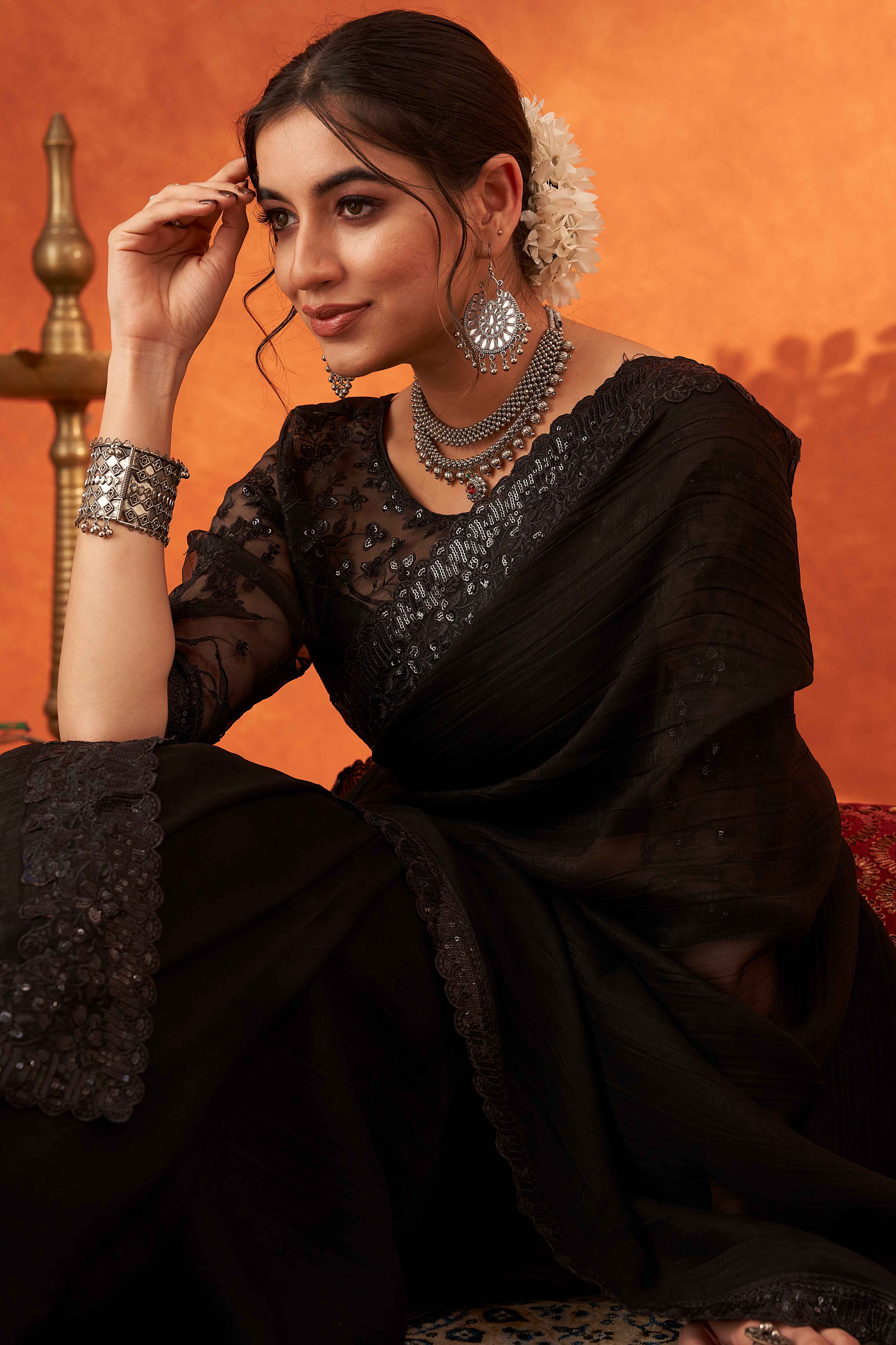 Black Embroidered Crunchy Soft Net Saree With Embellished Border