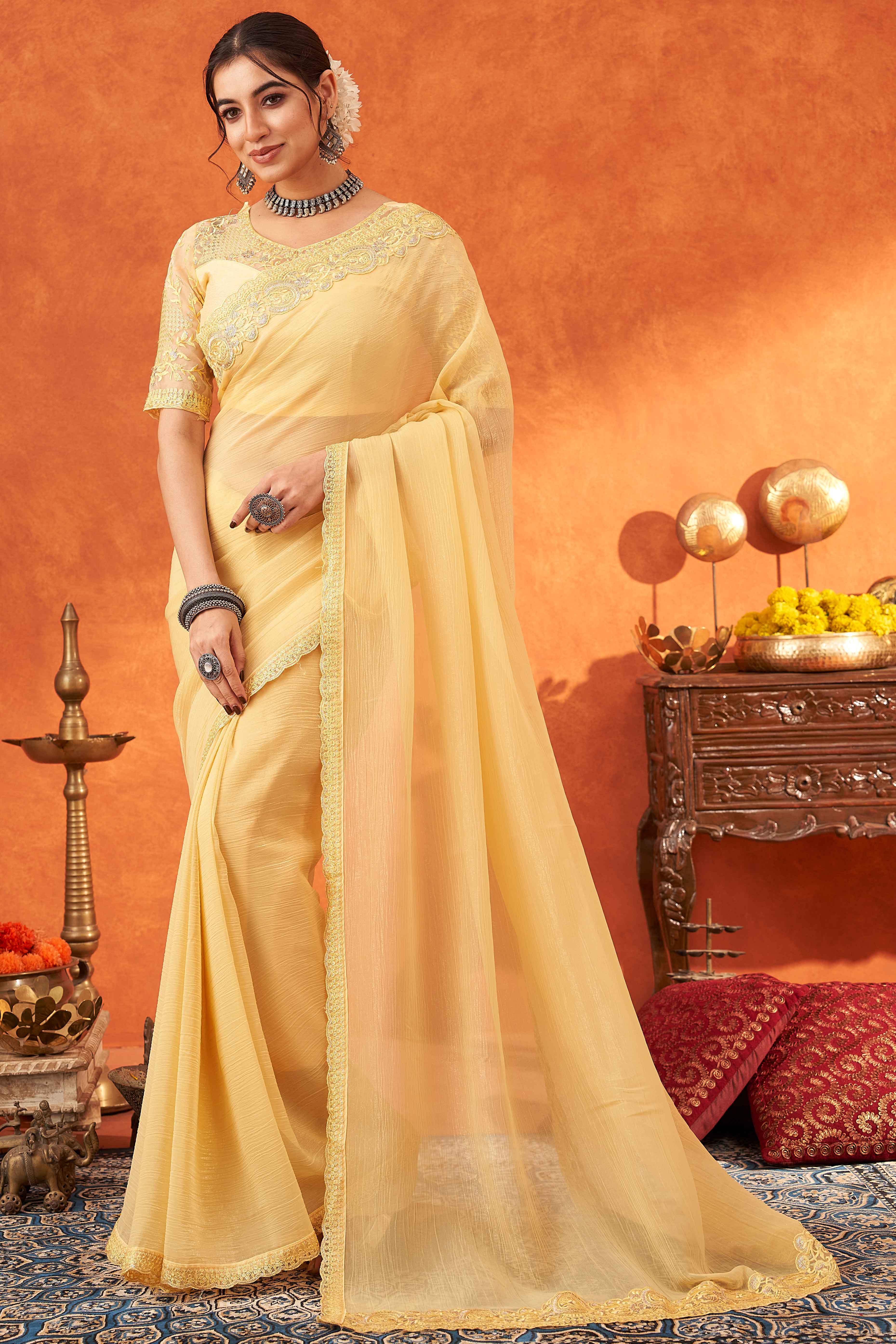 Yellow Embroidered Crunchy Soft Net Saree With Embellished Border