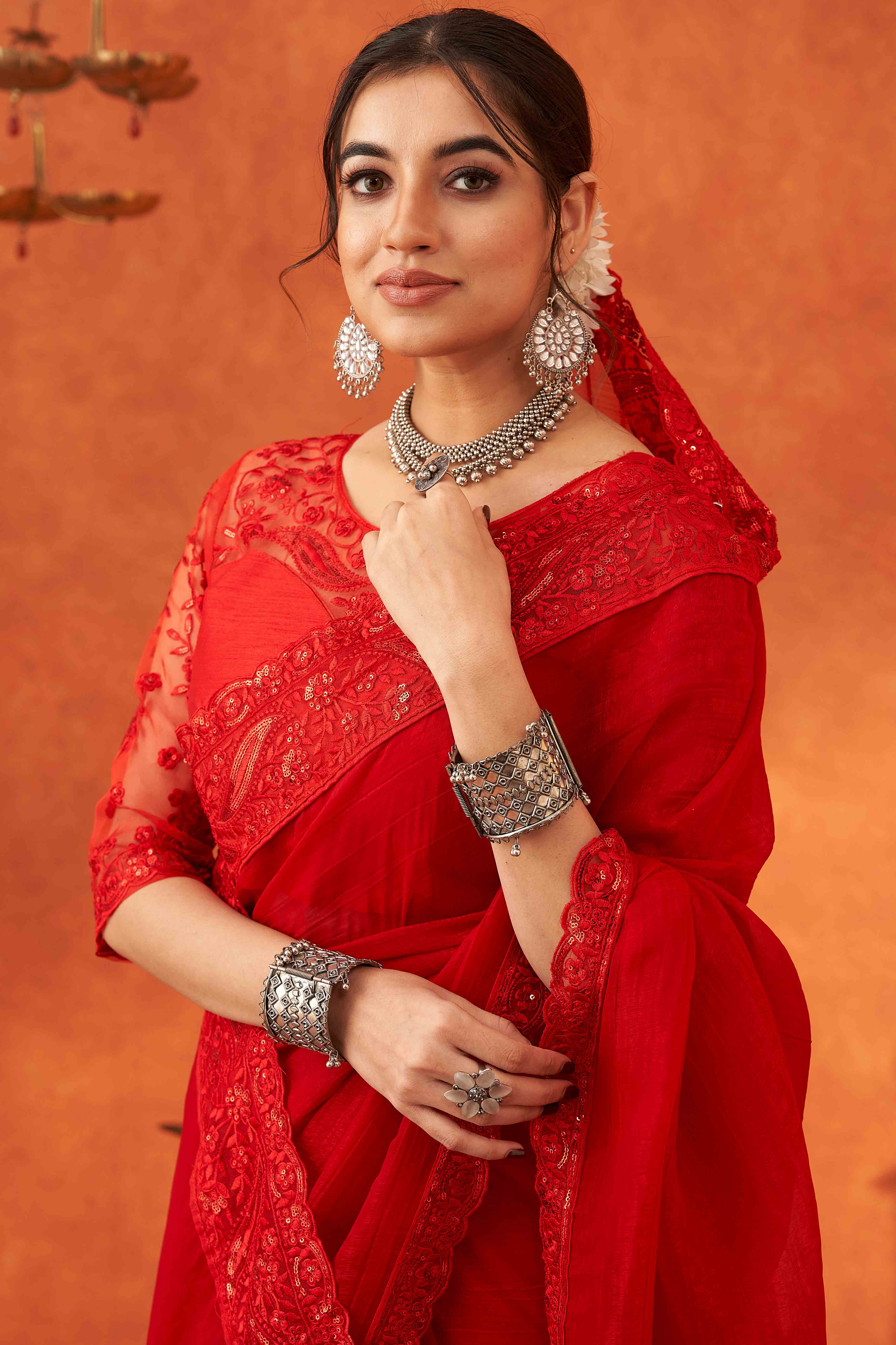 Red Embroidered Crunchy Soft Net Saree With Embellished Border